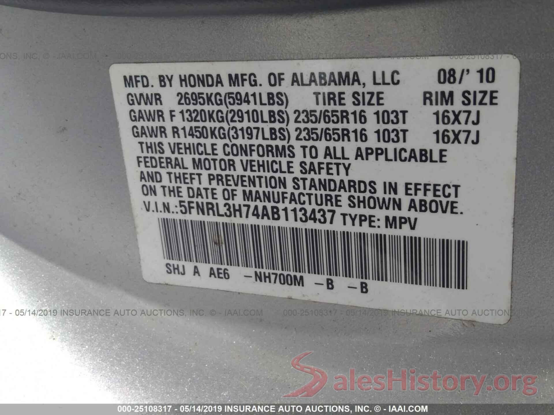 5FNRL3H74AB113437 2010 HONDA ODYSSEY