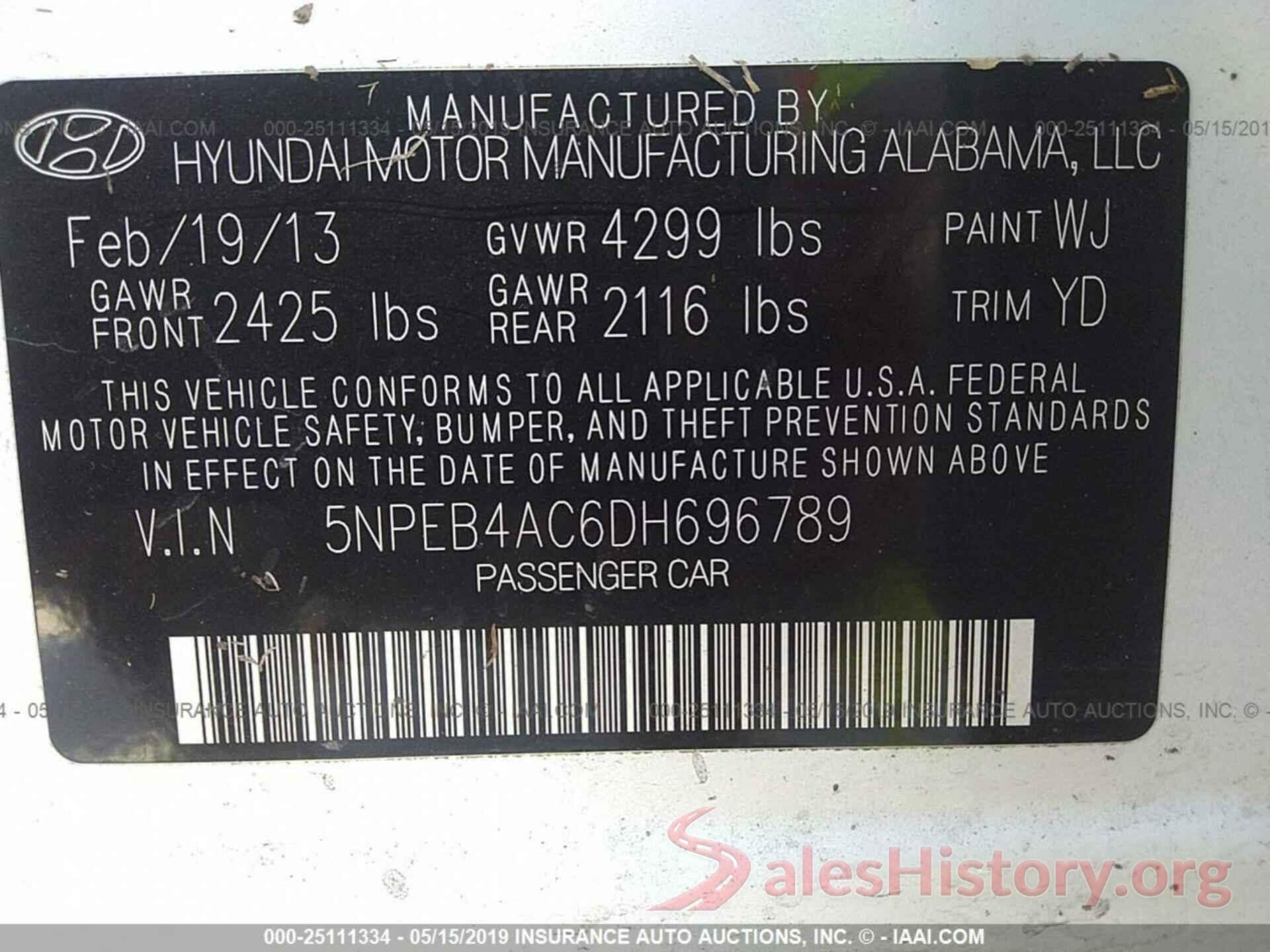 5NPEB4AC6DH696789 2013 HYUNDAI SONATA