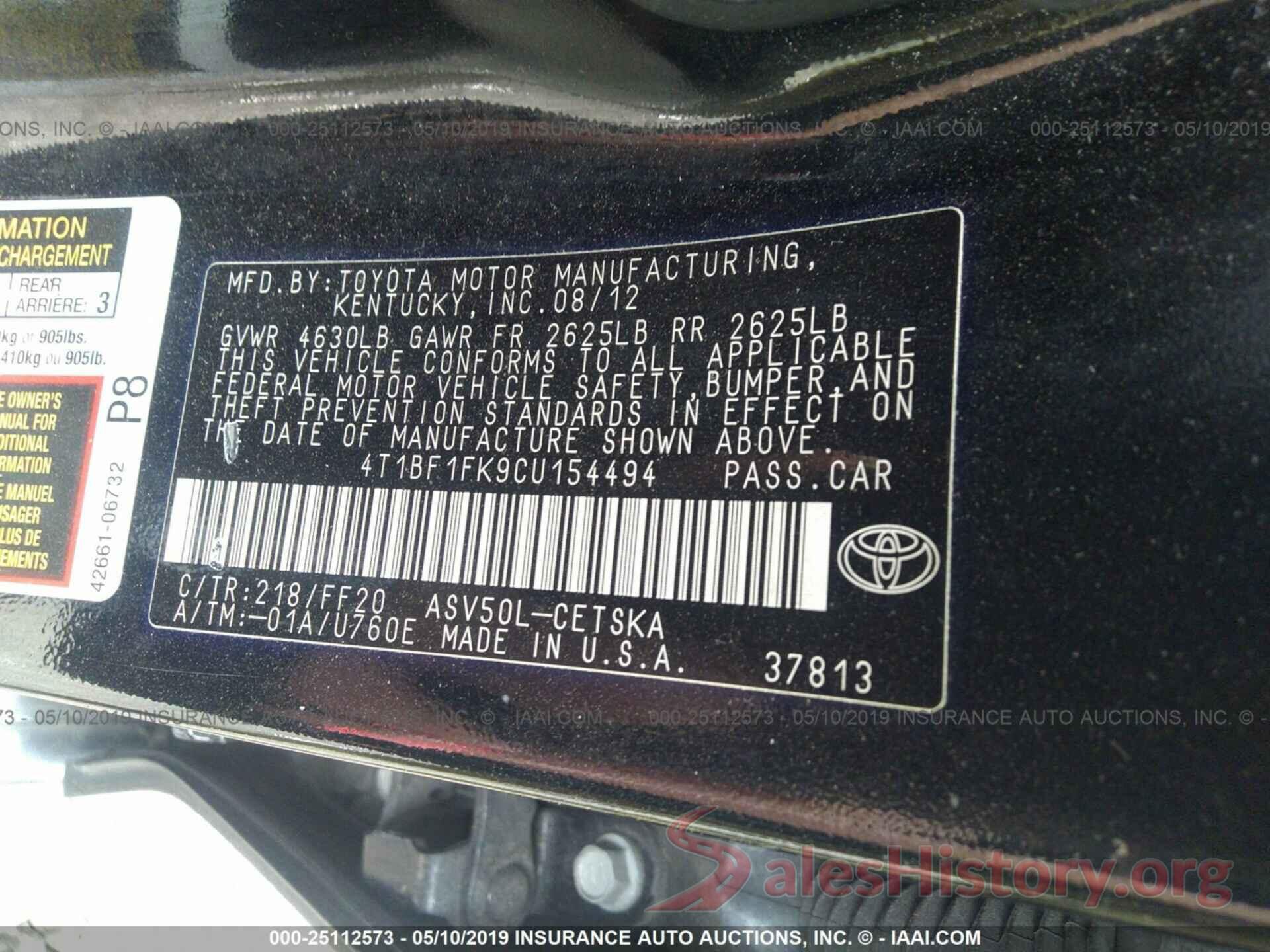 4T1BF1FK9CU154494 2012 TOYOTA CAMRY