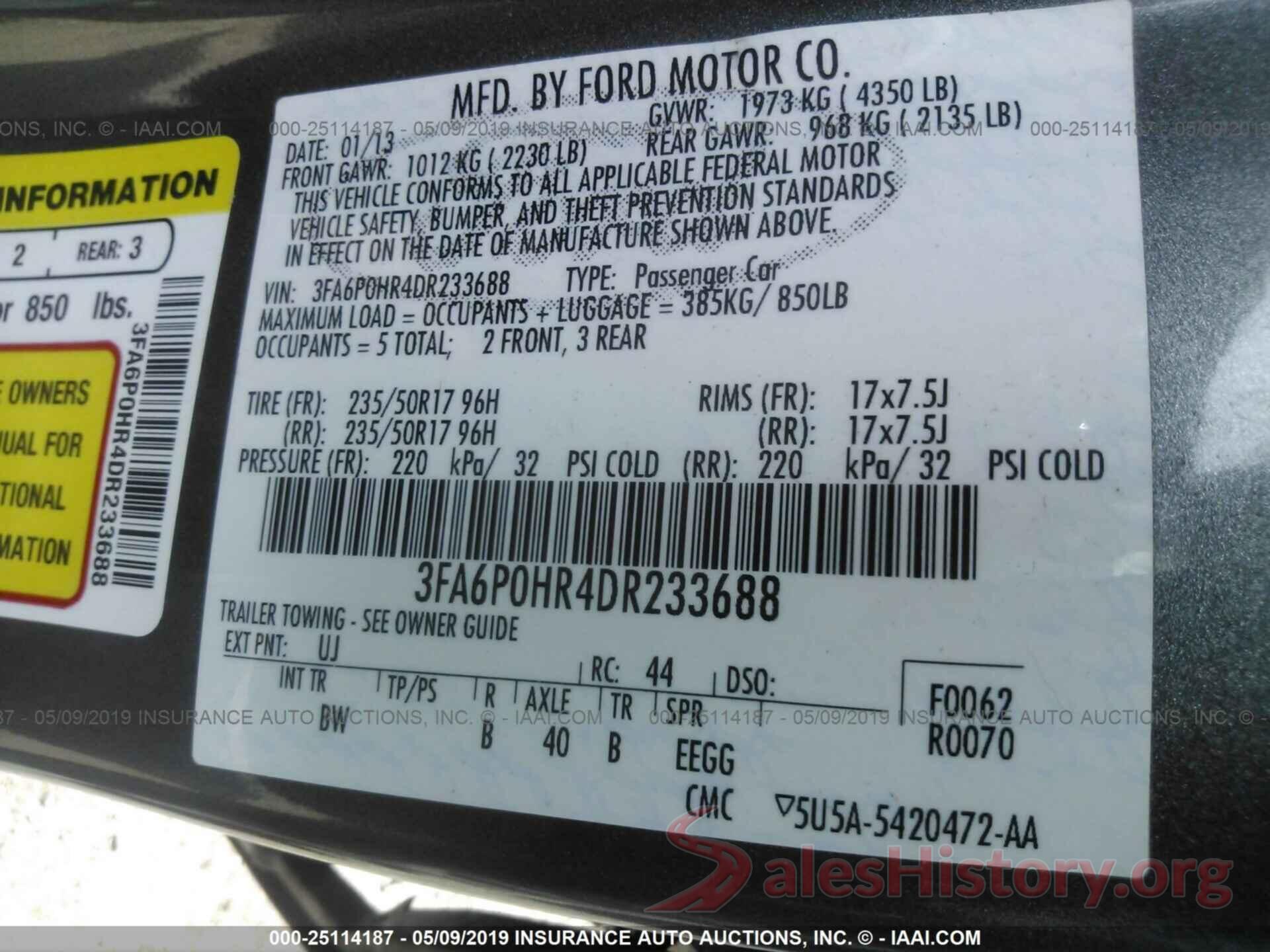 3FA6P0HR4DR233688 2013 FORD FUSION