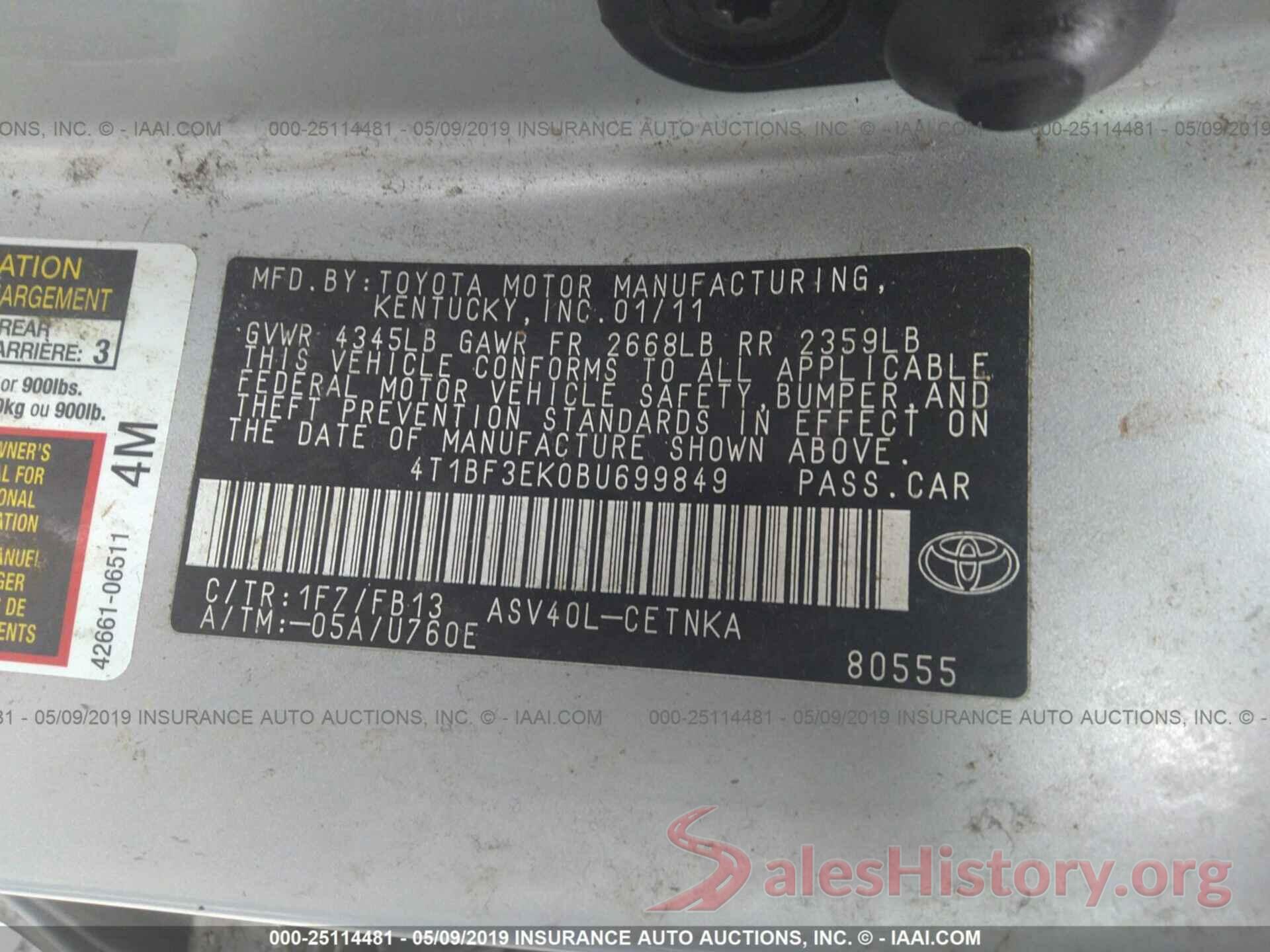 4T1BF3EK0BU699849 2011 TOYOTA CAMRY