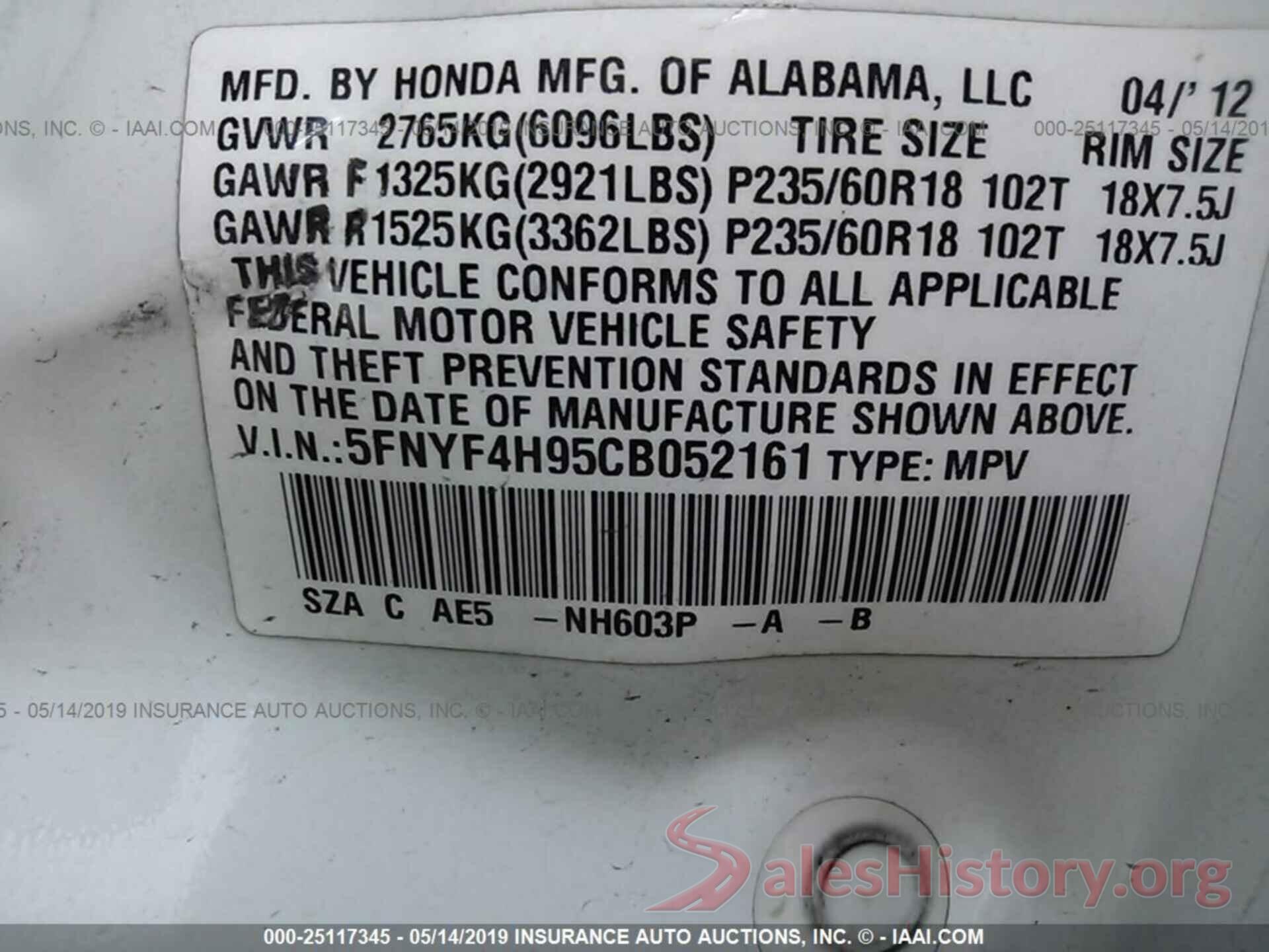 5FNYF4H95CB052161 2012 HONDA PILOT