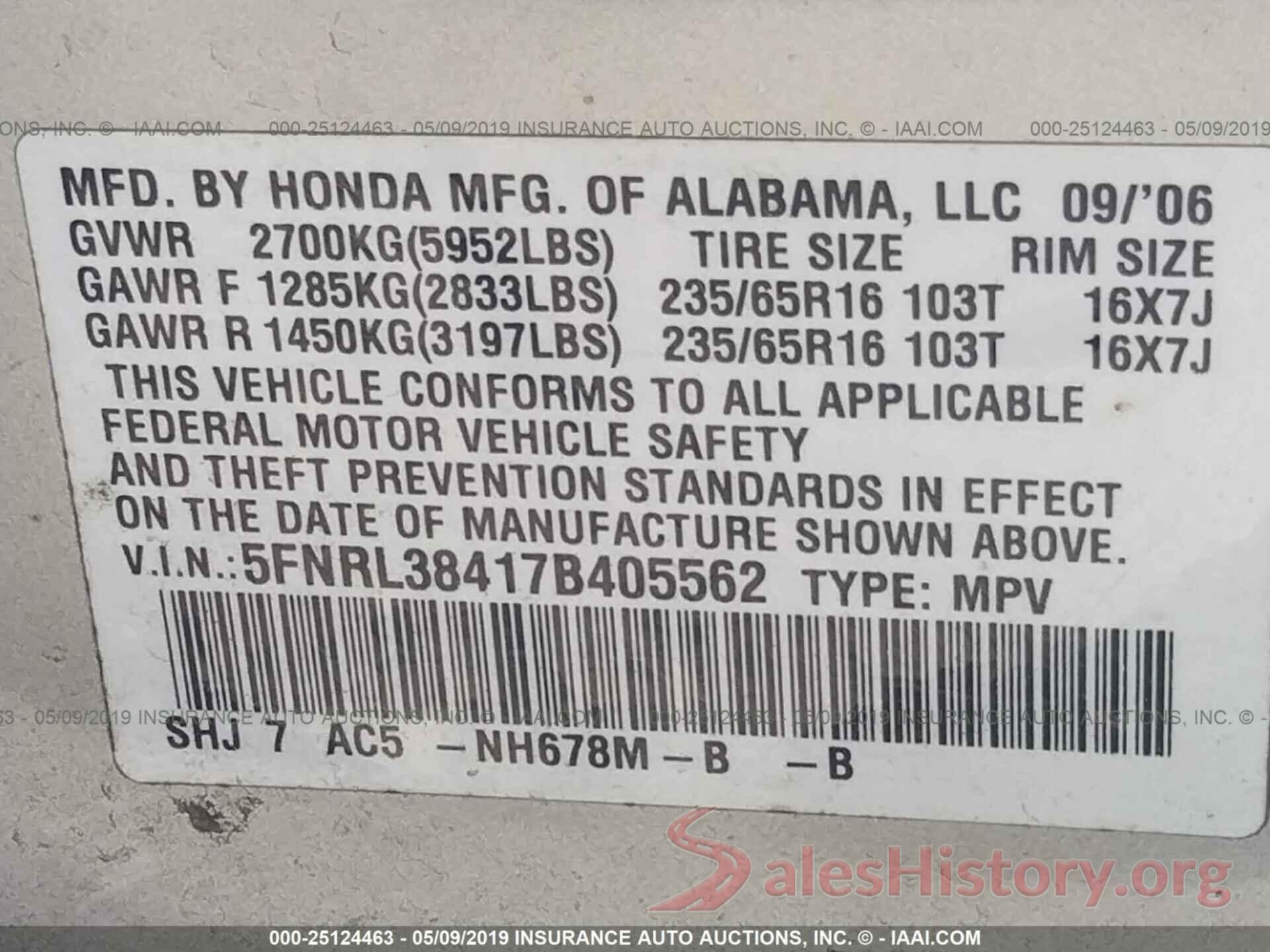 5FNRL38417B405562 2007 HONDA ODYSSEY