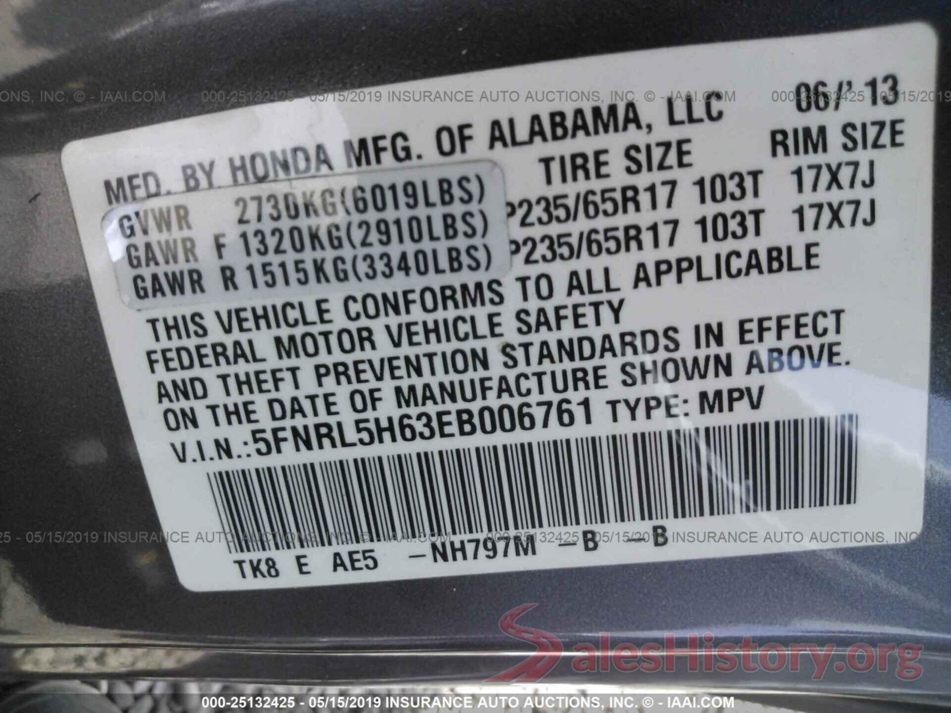 5FNRL5H63EB006761 2014 HONDA ODYSSEY