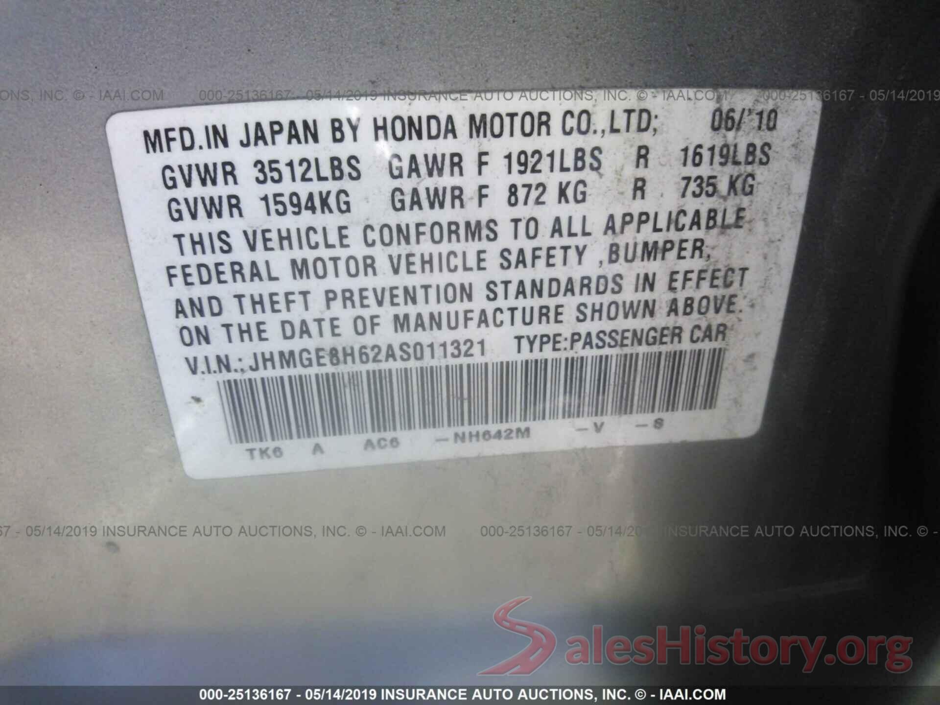 JHMGE8H62AS011321 2010 HONDA FIT