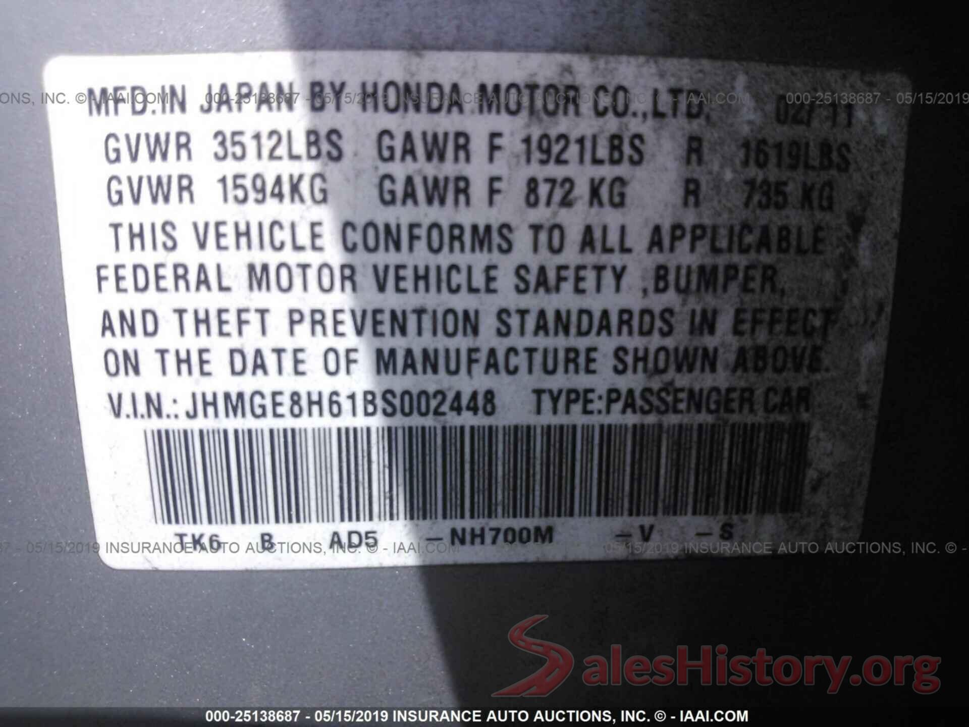 JHMGE8H61BS002448 2011 HONDA FIT