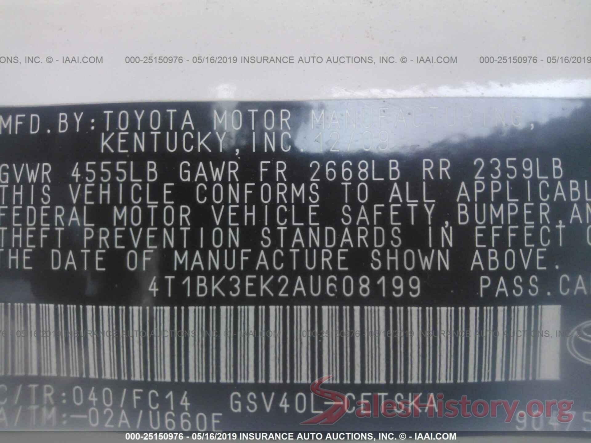 4T1BK3EK2AU608199 2010 TOYOTA CAMRY