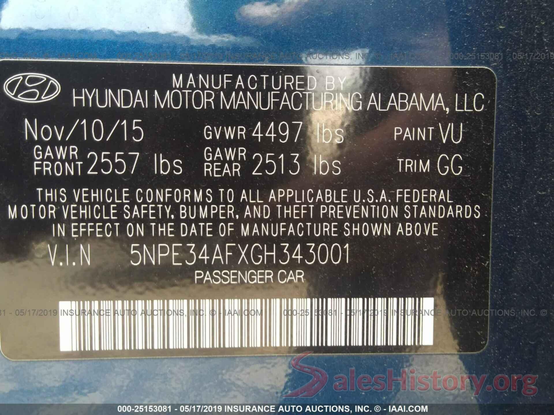 5NPE34AFXGH343001 2016 HYUNDAI SONATA