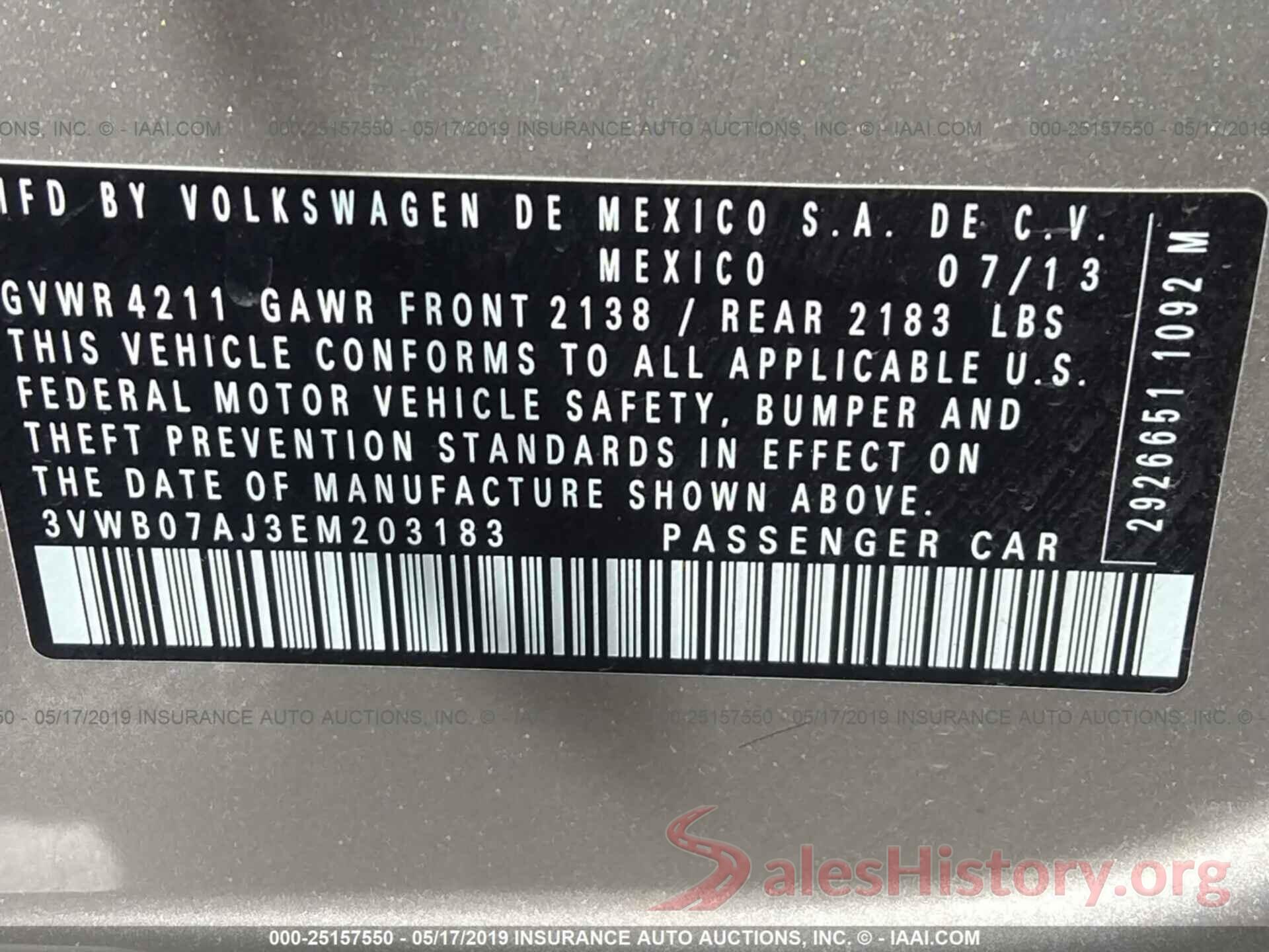 3VWB07AJ3EM203183 2014 VOLKSWAGEN JETTA