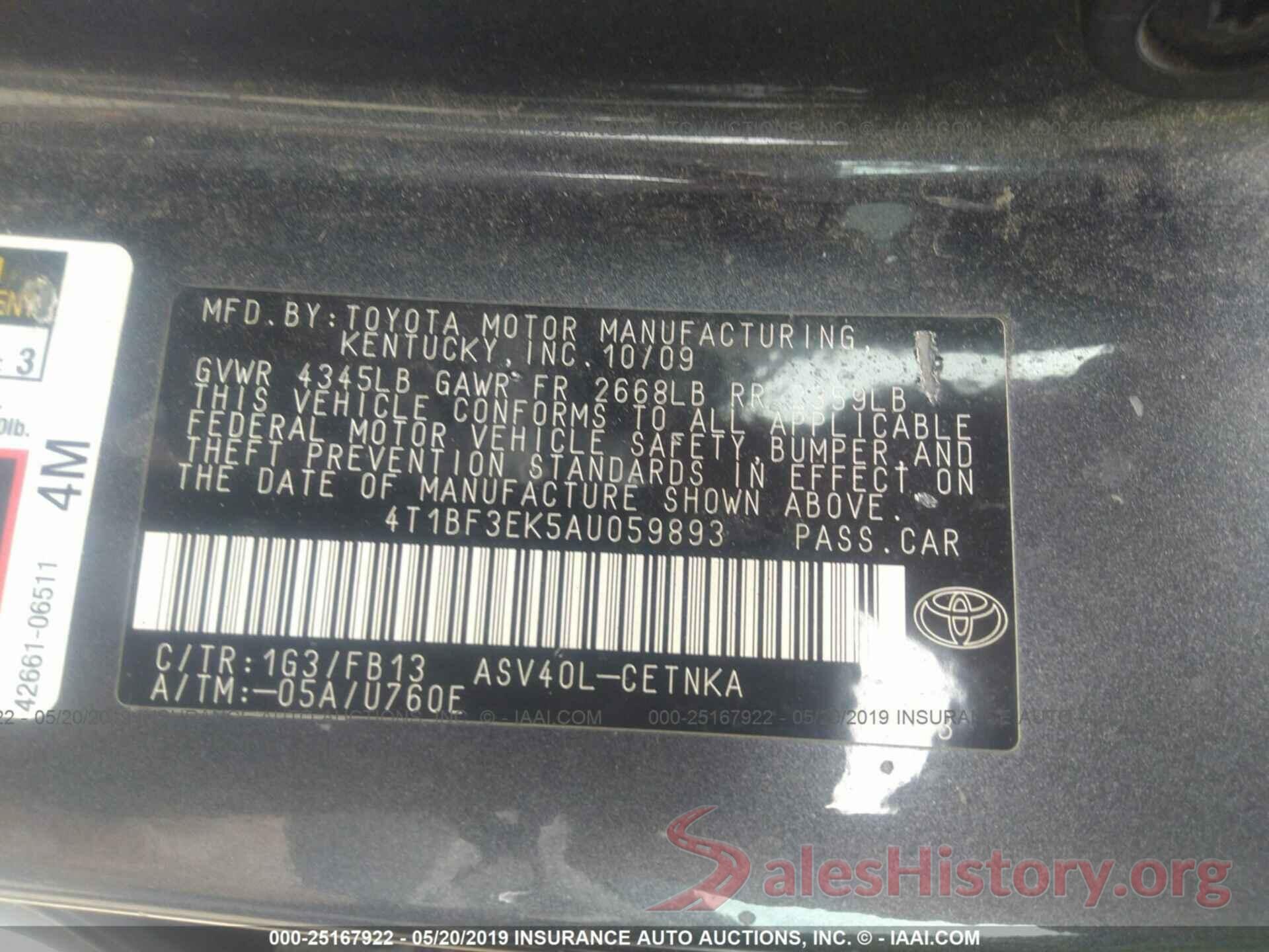 4T1BF3EK5AU059893 2010 TOYOTA CAMRY