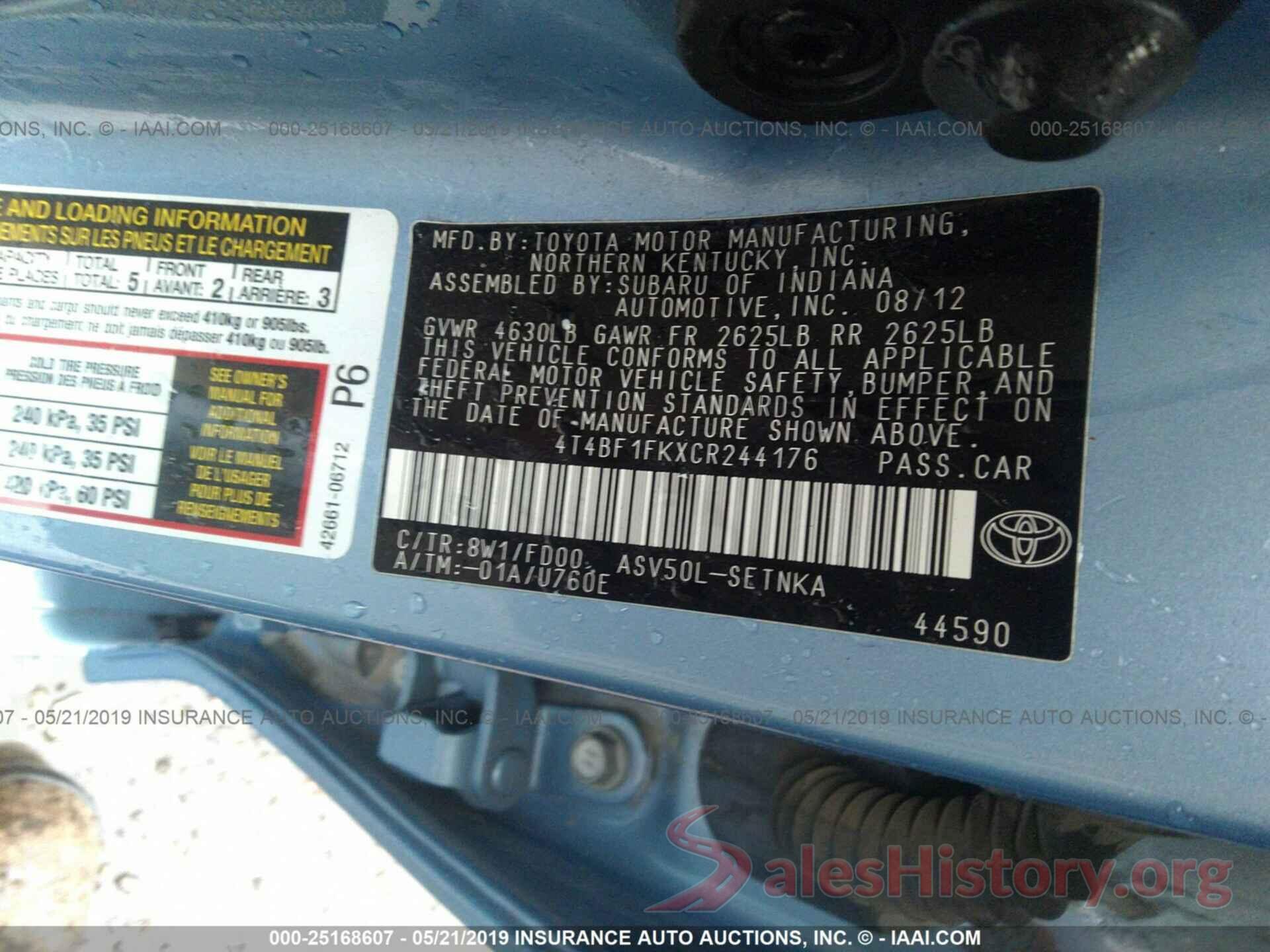 4T4BF1FKXCR244176 2012 TOYOTA CAMRY