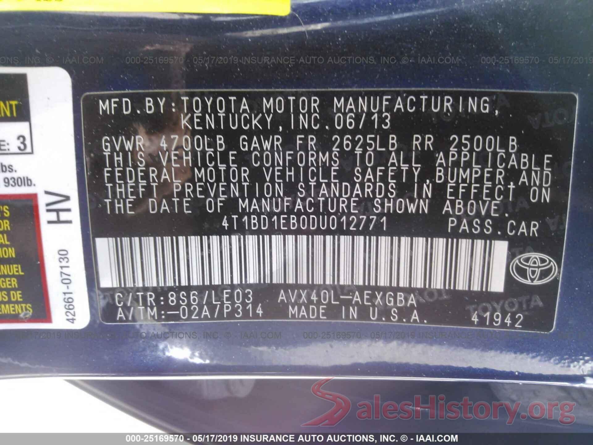 4T1BD1EB0DU012771 2013 TOYOTA AVALON