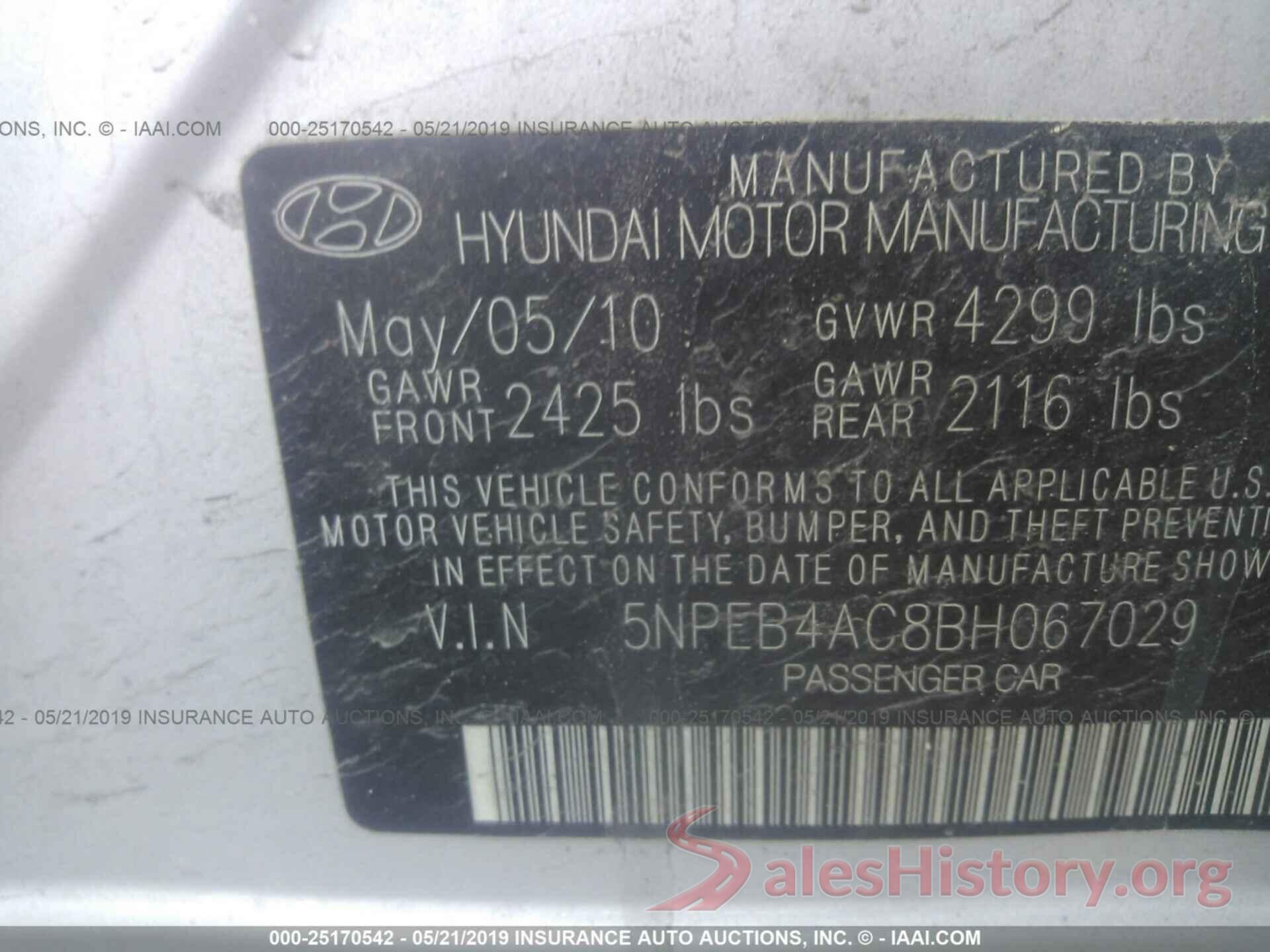 5NPEB4AC8BH067029 2011 HYUNDAI SONATA