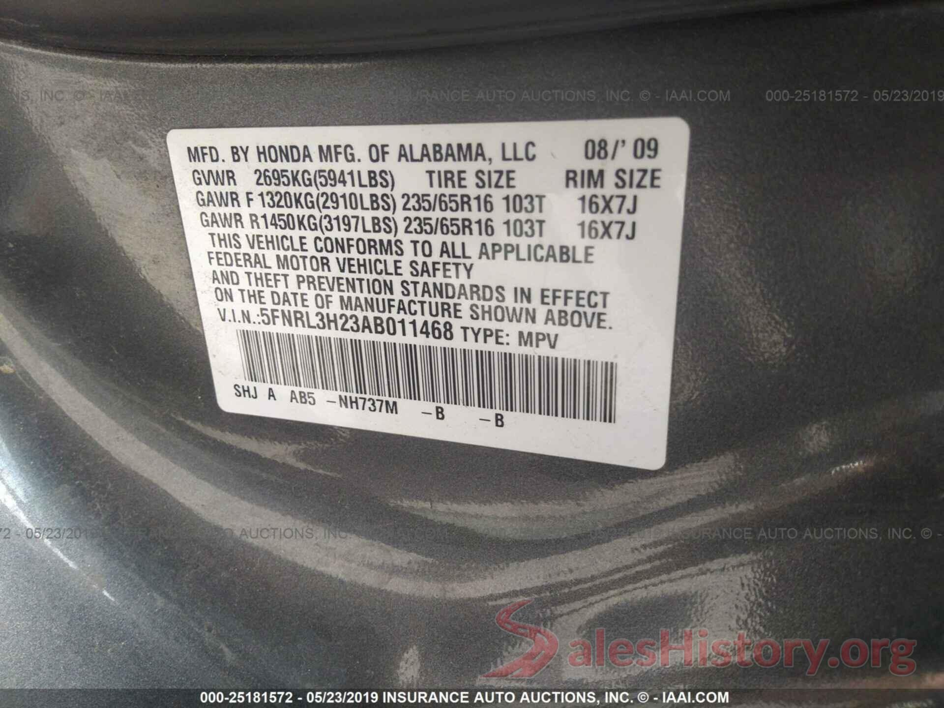 5FNRL3H23AB011468 2010 HONDA ODYSSEY