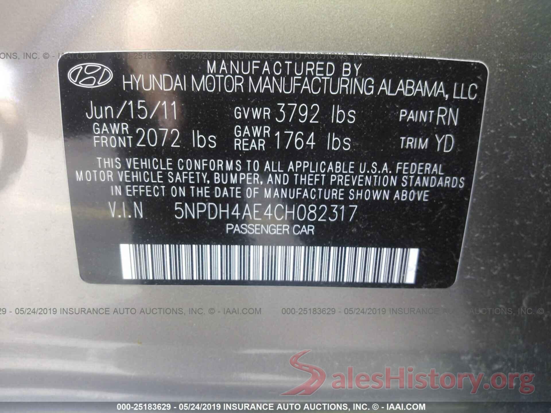 5NPDH4AE4CH082317 2012 HYUNDAI ELANTRA