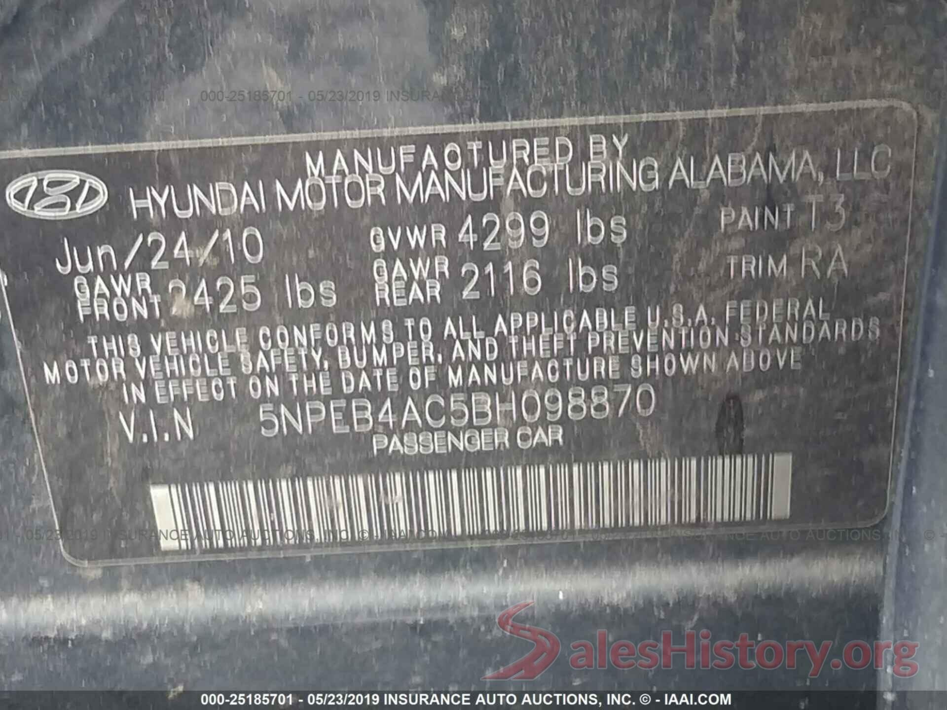 5NPEB4AC5BH098870 2011 HYUNDAI SONATA