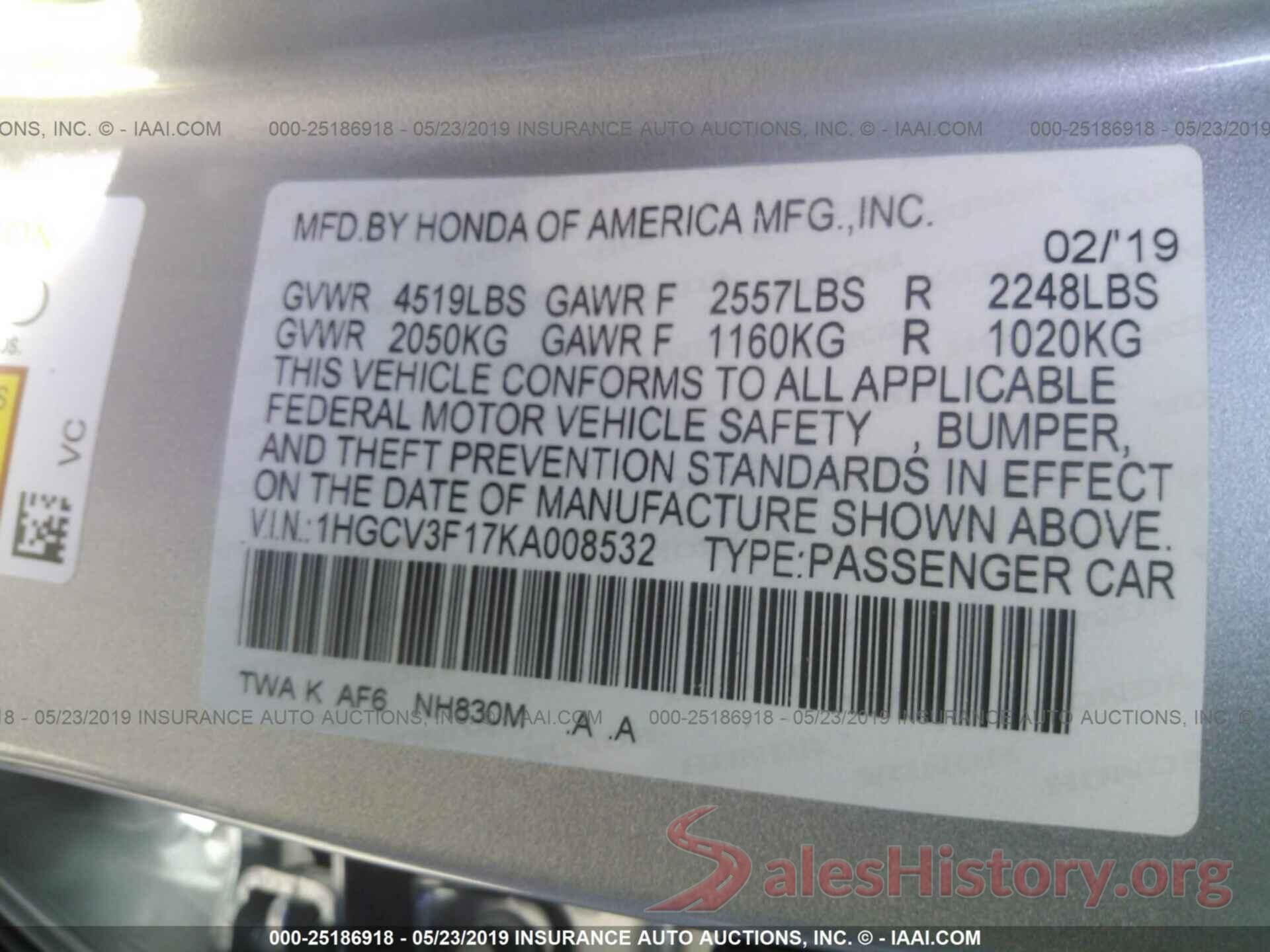 1HGCV3F17KA008532 2019 HONDA ACCORD