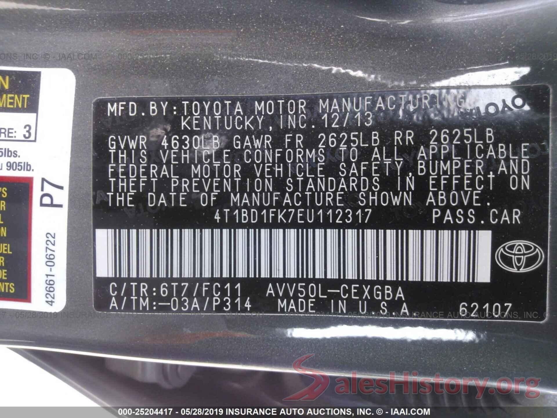 4T1BD1FK7EU112317 2014 TOYOTA CAMRY