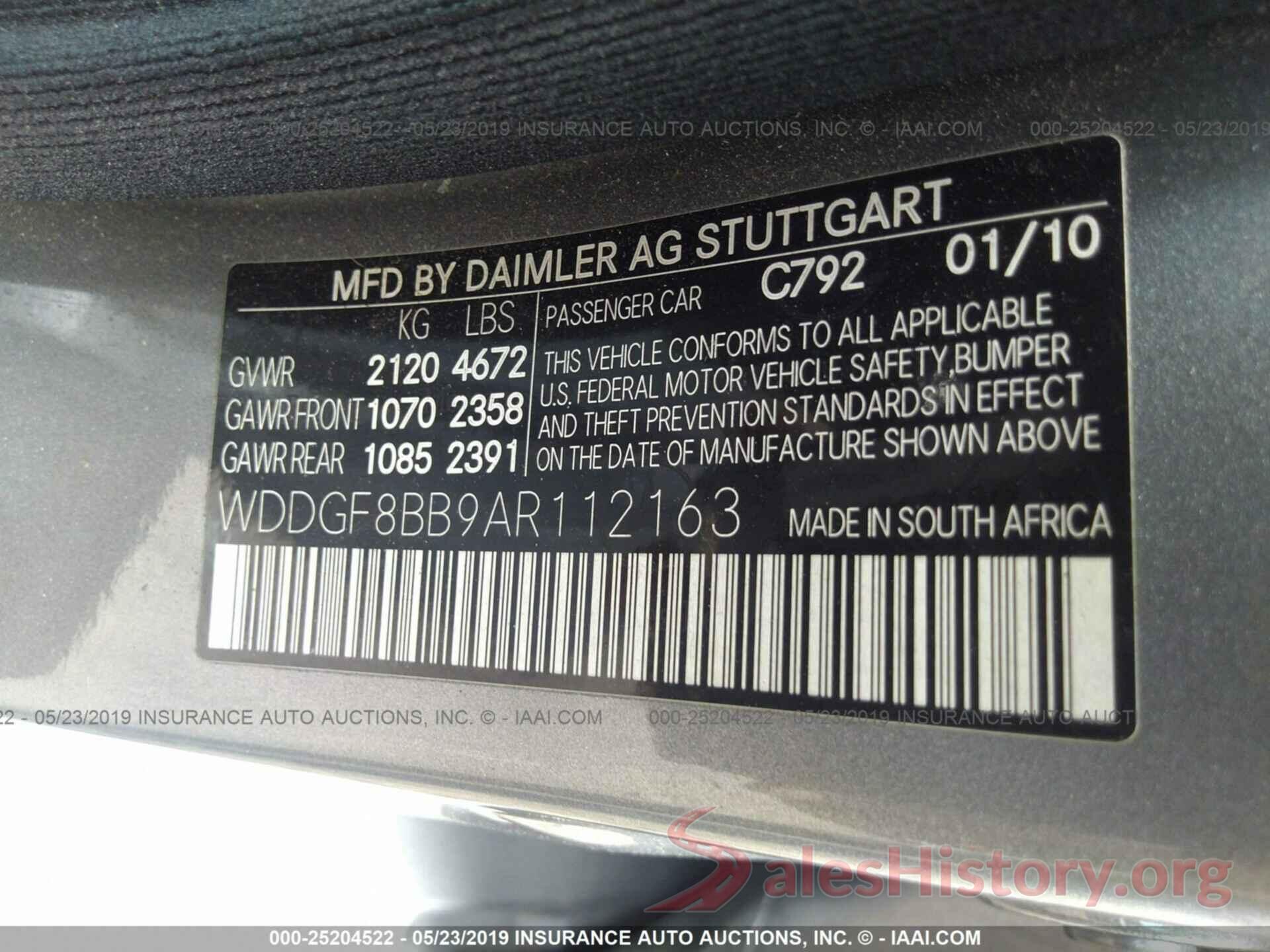 WDDGF8BB9AR112163 2010 MERCEDES-BENZ C