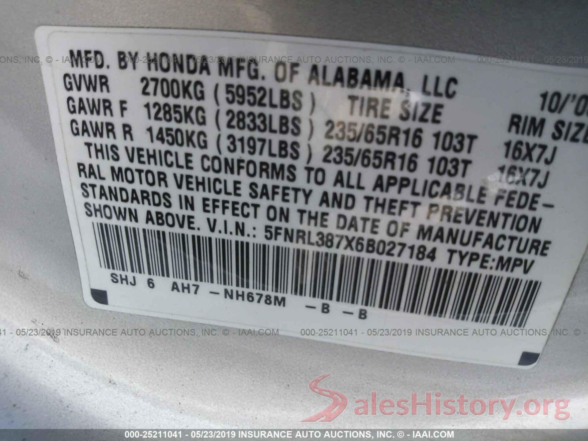 5FNRL387X6B027184 2006 HONDA ODYSSEY