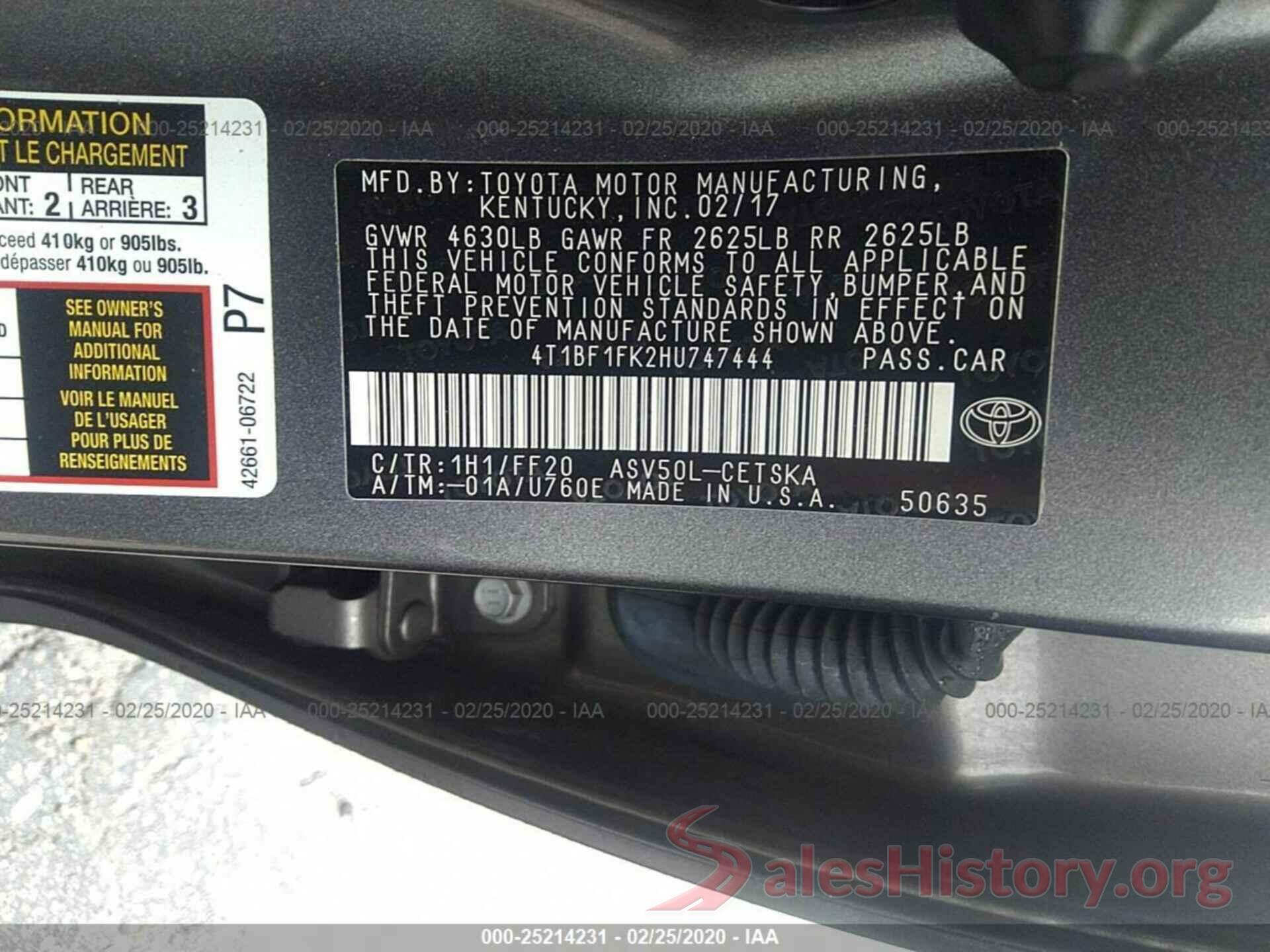 4T1BF1FK2HU747444 2017 TOYOTA CAMRY