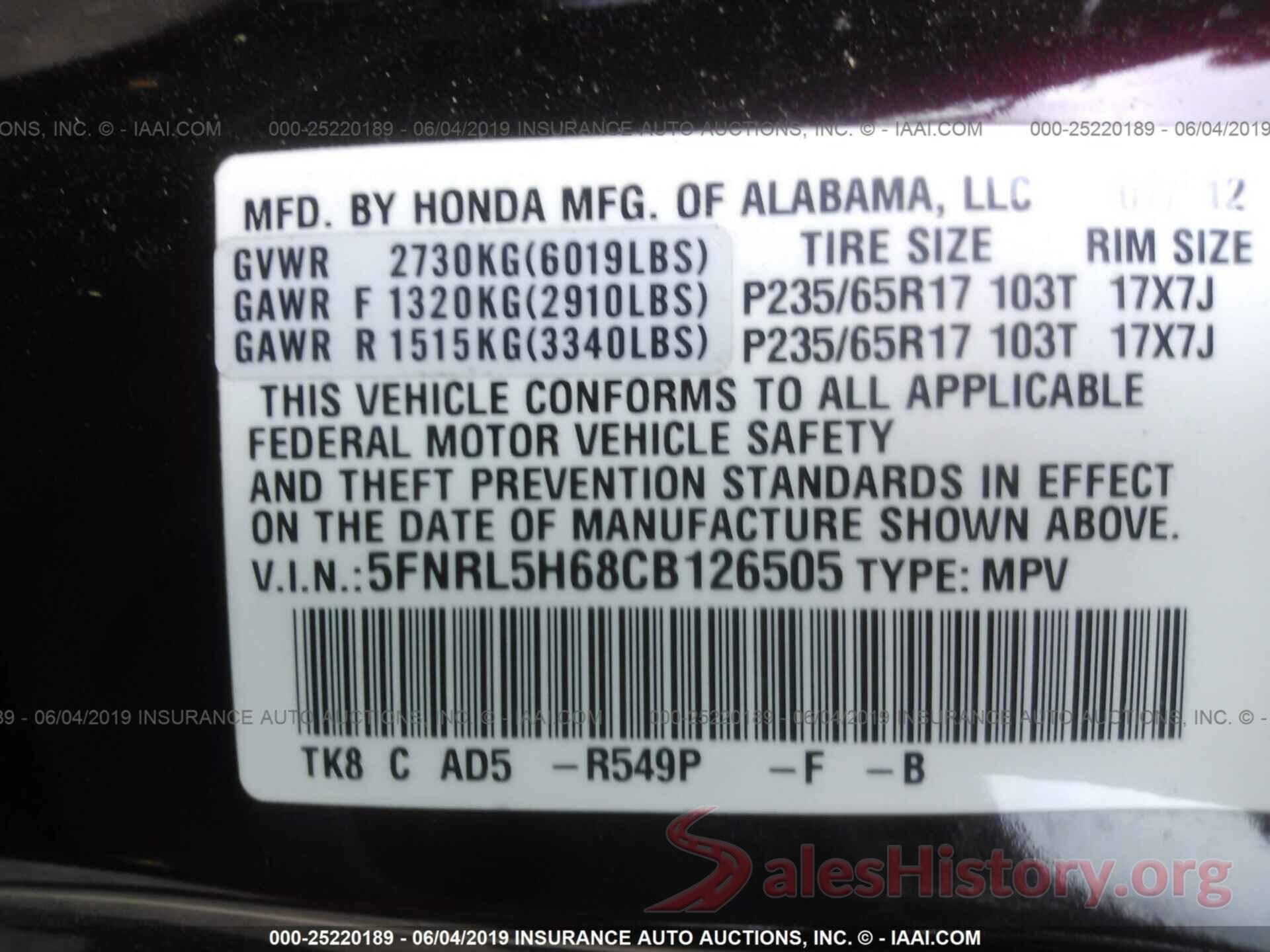 5FNRL5H68CB126505 2012 HONDA ODYSSEY