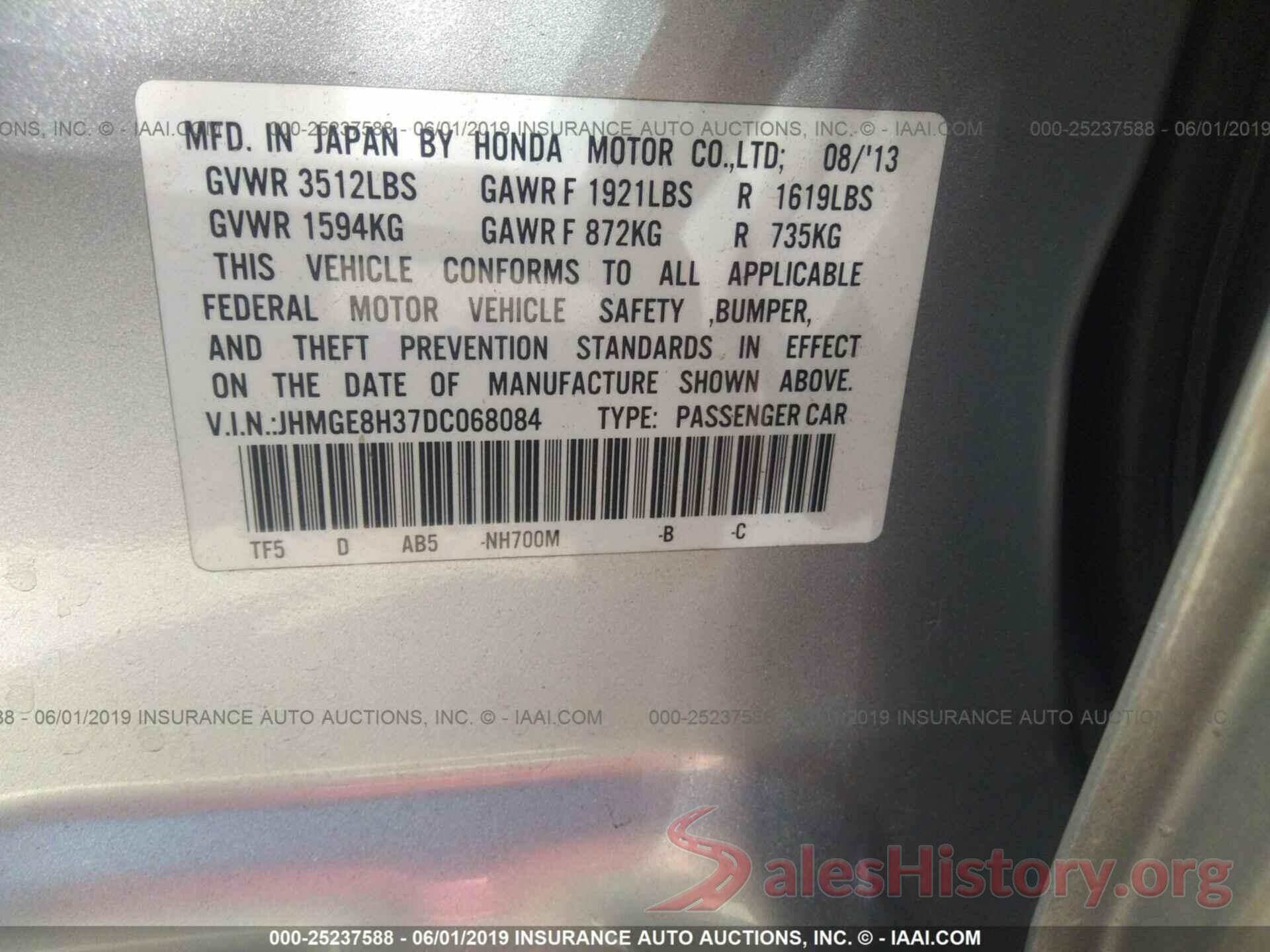 JHMGE8H37DC068084 2013 HONDA FIT