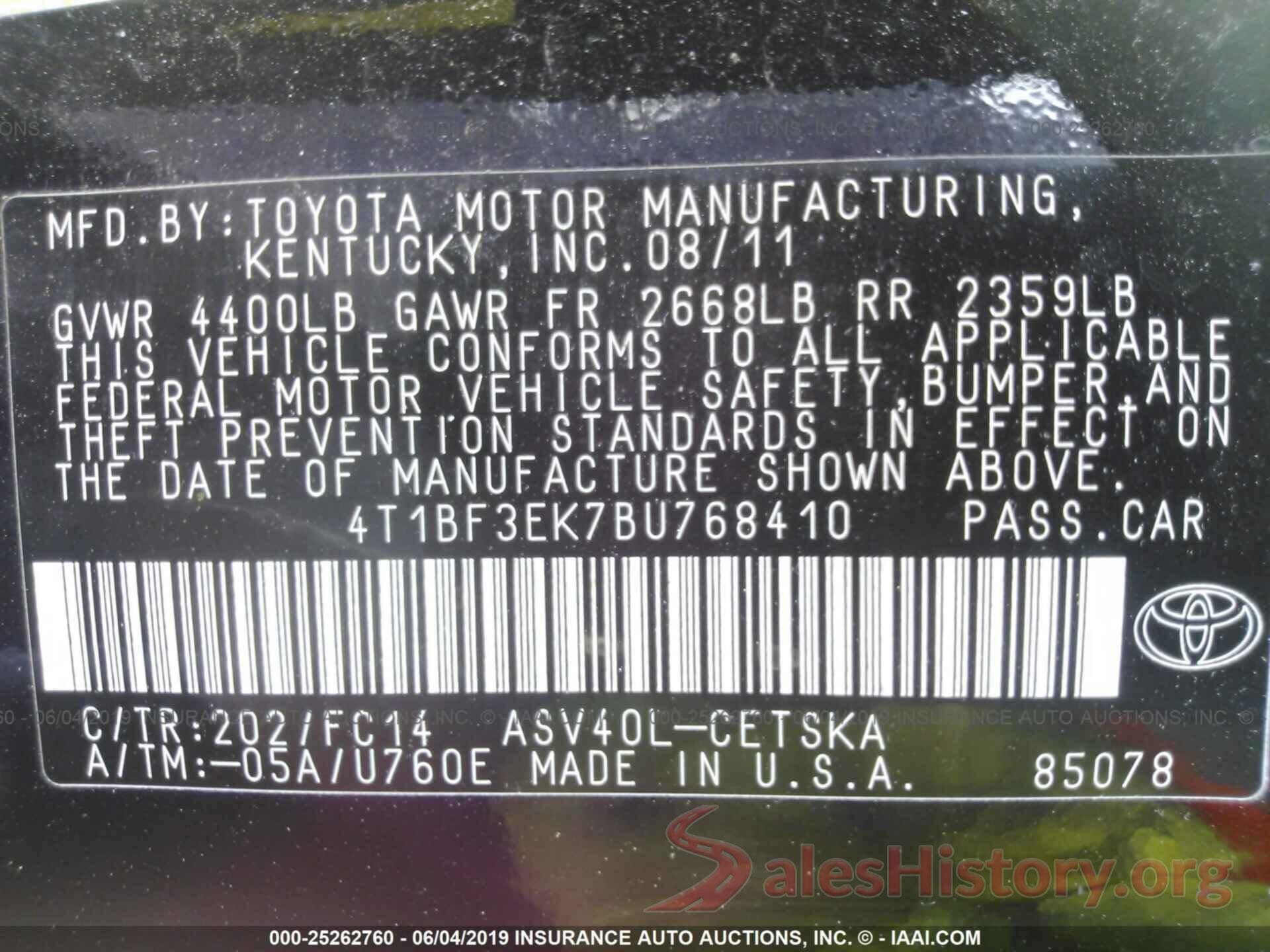 4T1BF3EK7BU768410 2011 TOYOTA CAMRY