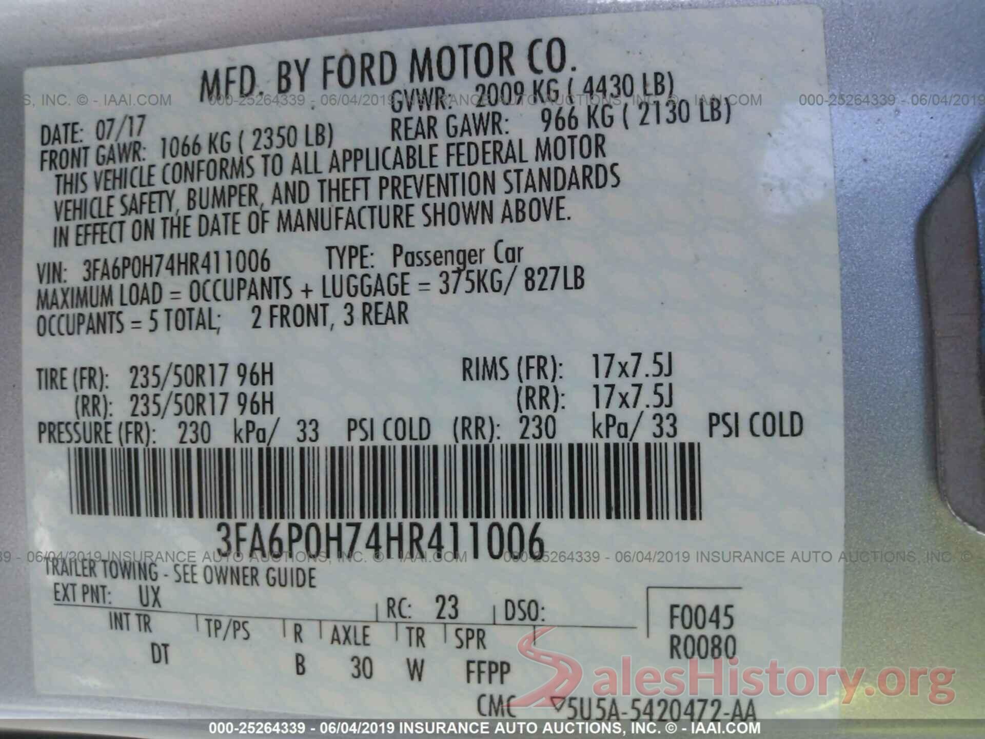 3FA6P0H74HR411006 2017 FORD FUSION