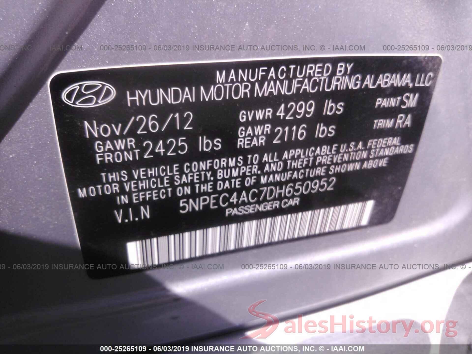 5NPEC4AC7DH650952 2013 HYUNDAI SONATA