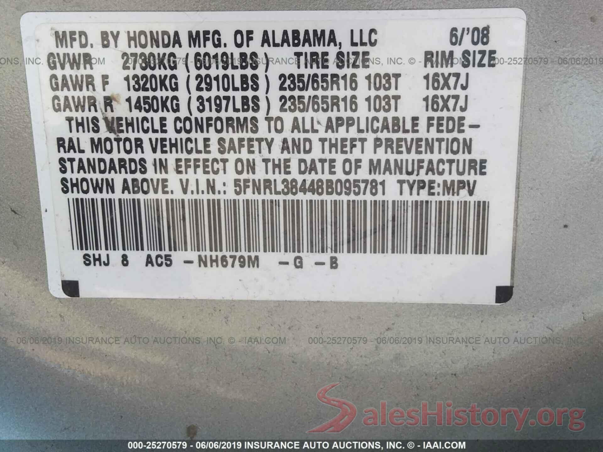 5FNRL38448B095781 2008 HONDA ODYSSEY