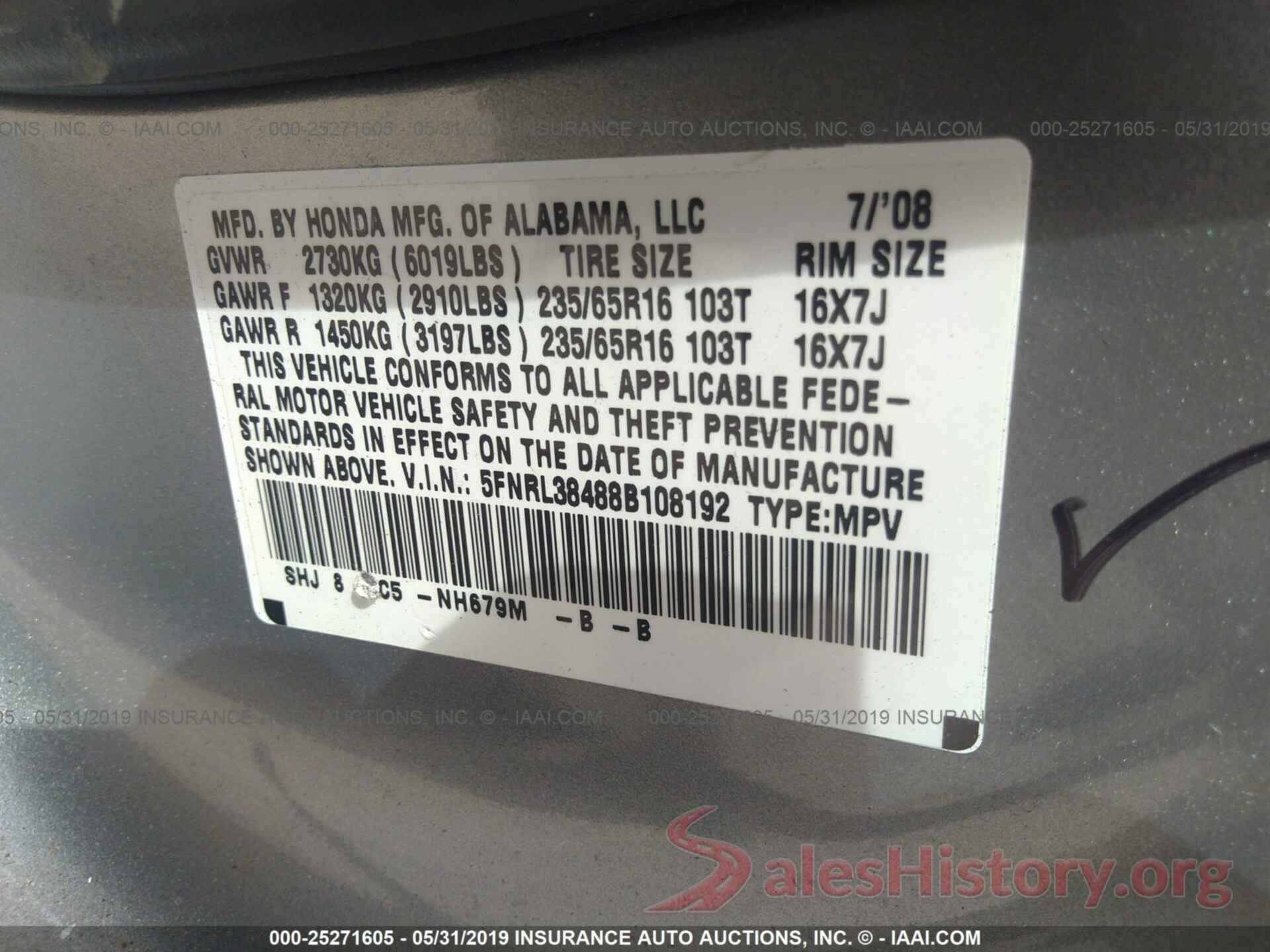 5FNRL38488B108192 2008 HONDA ODYSSEY