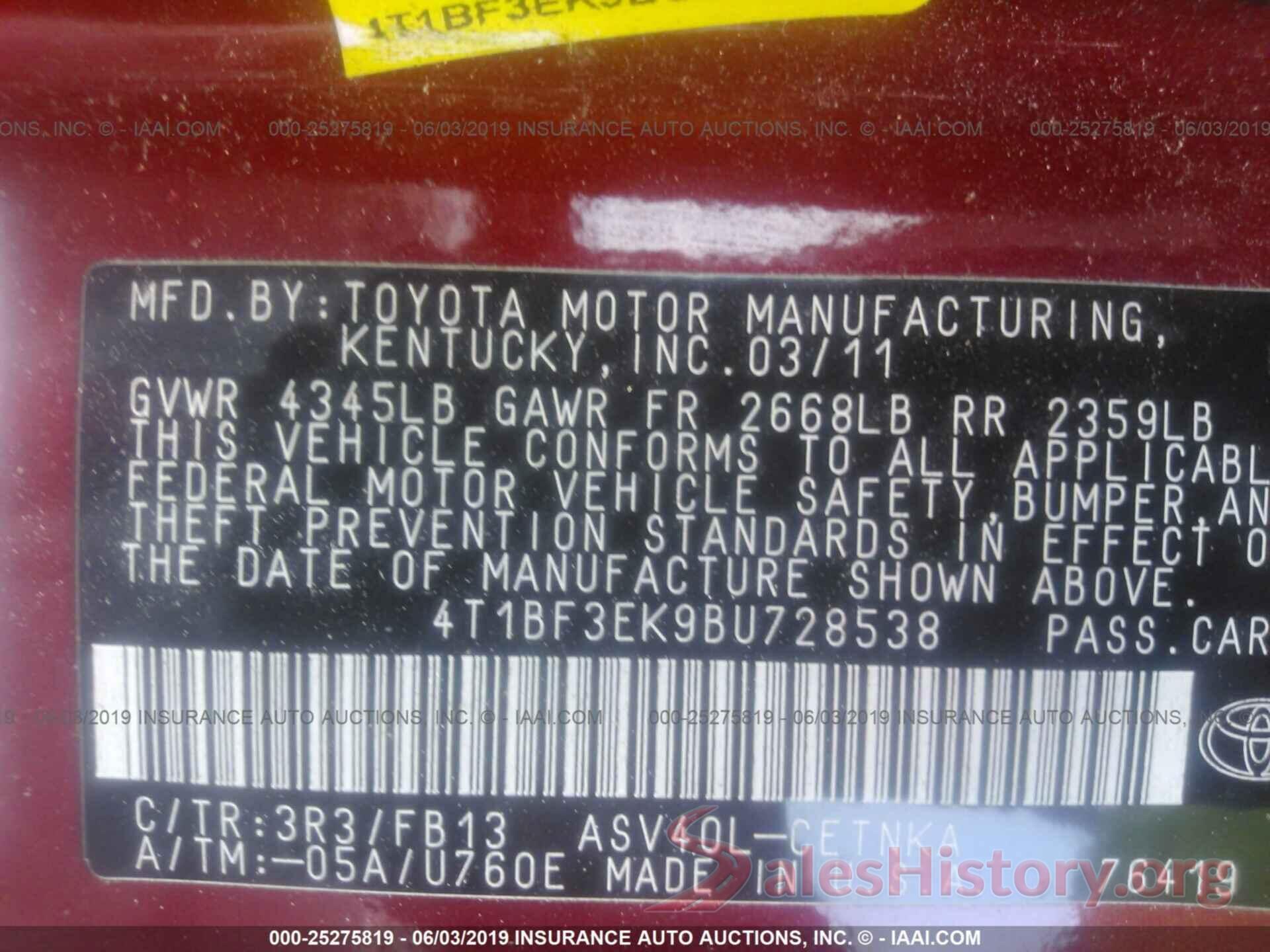 4T1BF3EK9BU728538 2011 TOYOTA CAMRY