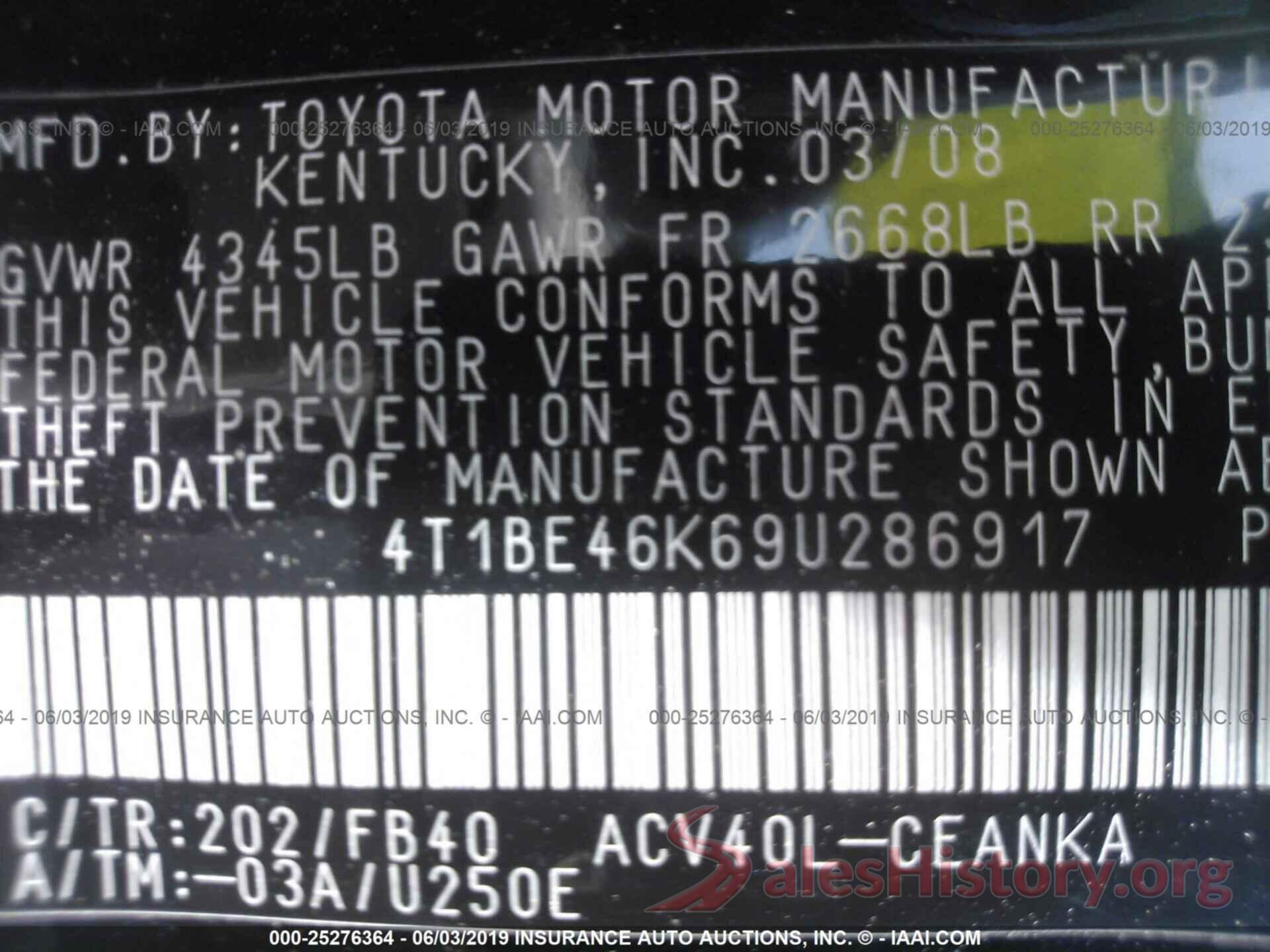 4T1BE46K69U286917 2009 TOYOTA CAMRY