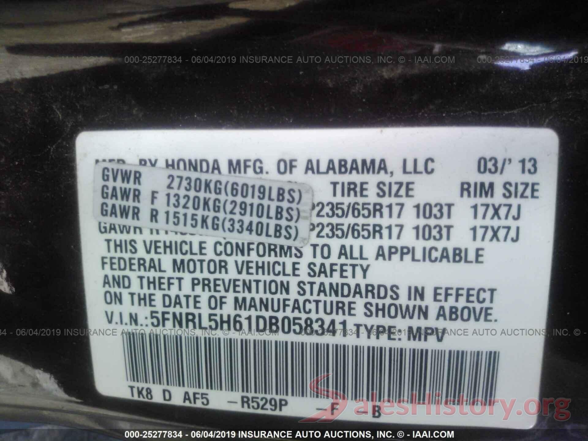 5FNRL5H61DB058341 2013 HONDA ODYSSEY