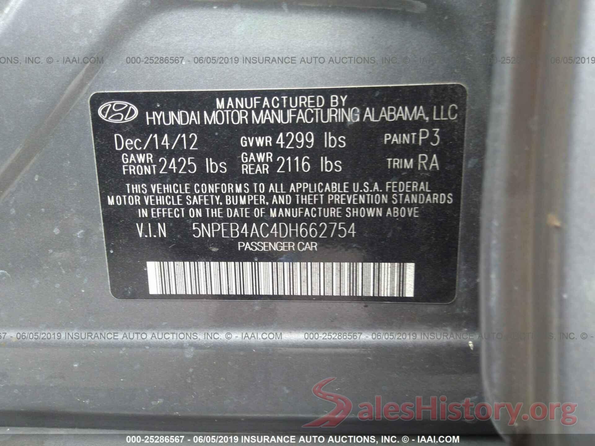 5NPEB4AC4DH662754 2013 HYUNDAI SONATA