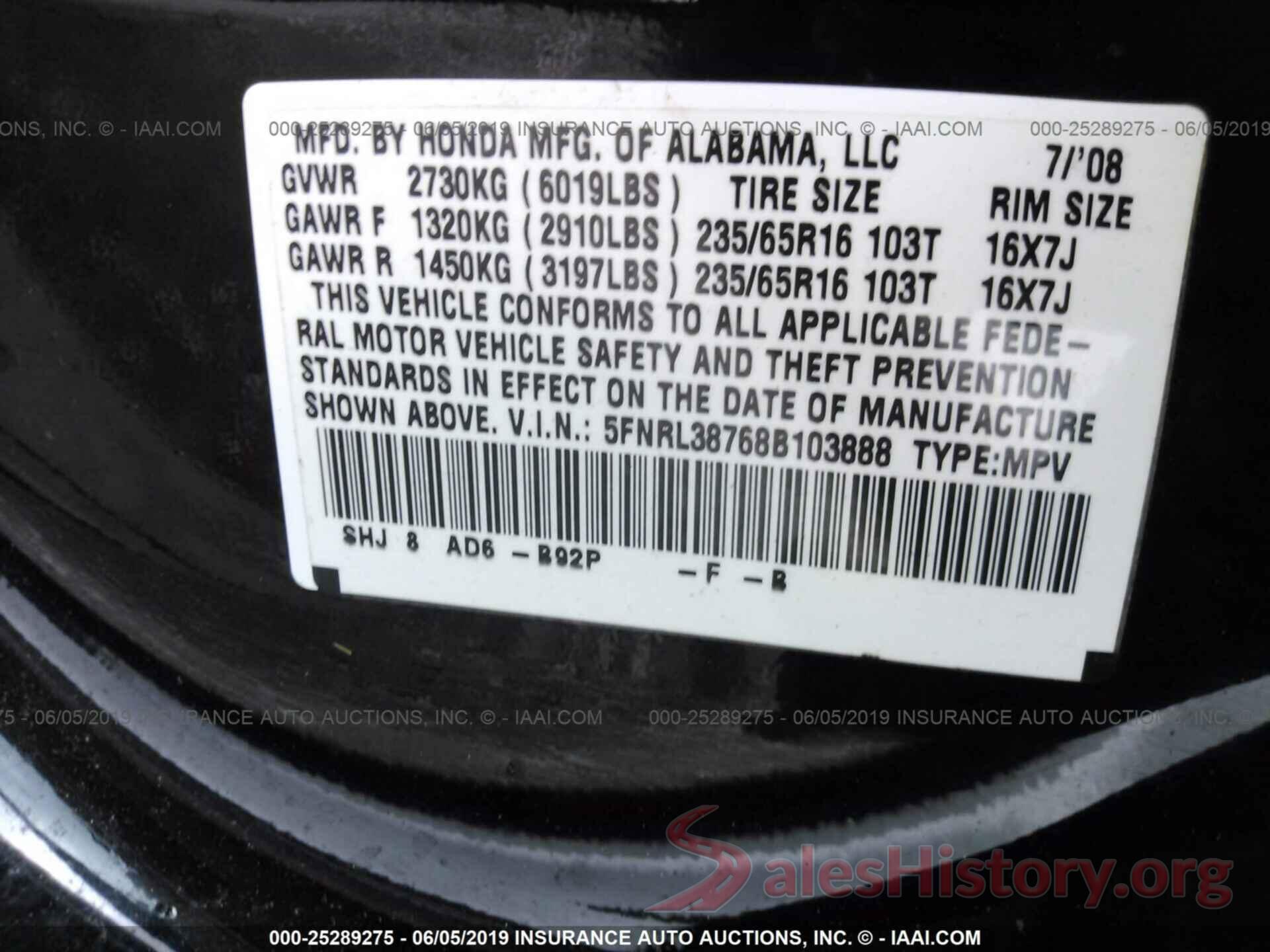 5FNRL38768B103888 2008 HONDA ODYSSEY