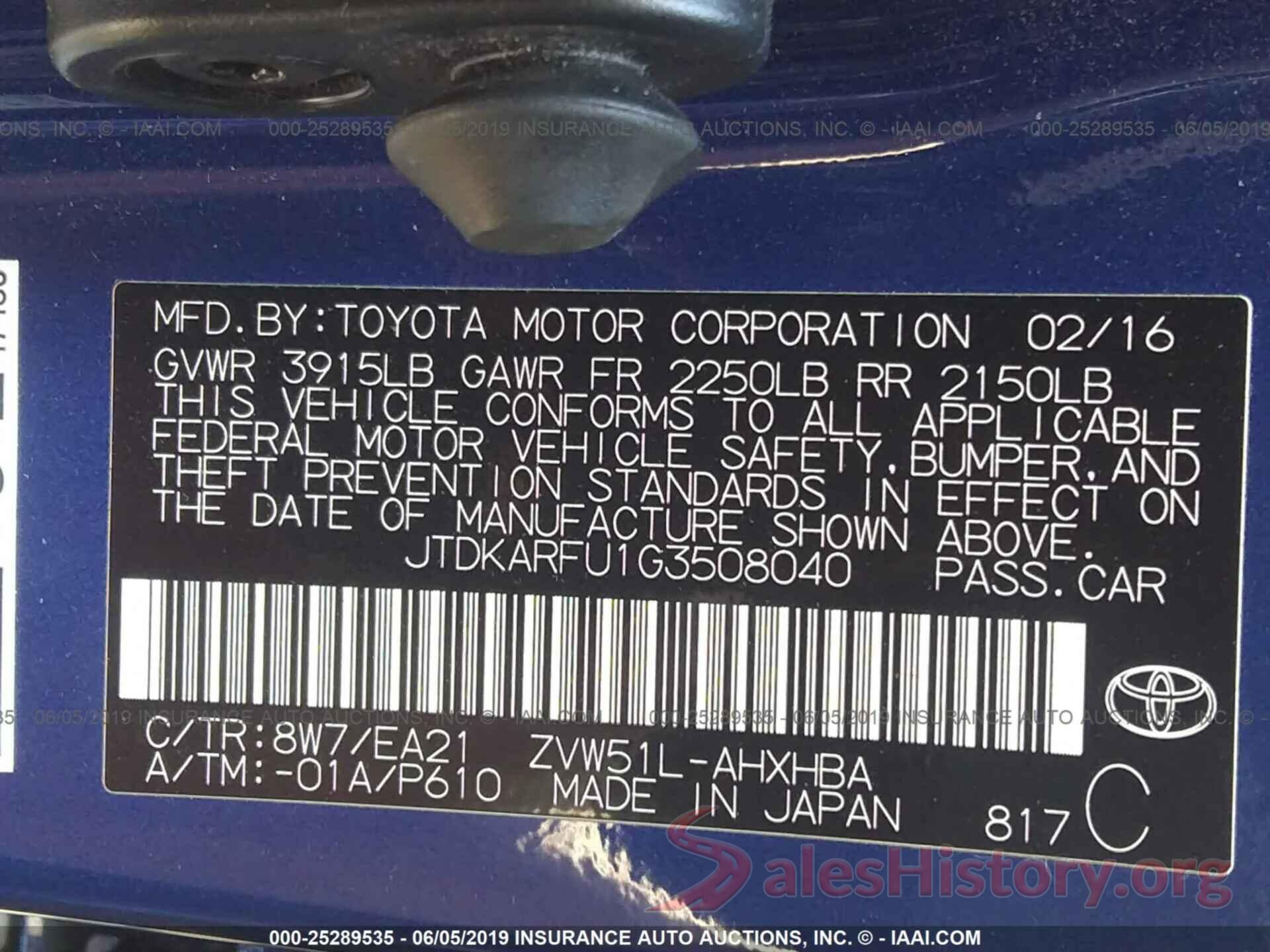 JTDKARFU1G3508040 2016 TOYOTA PRIUS