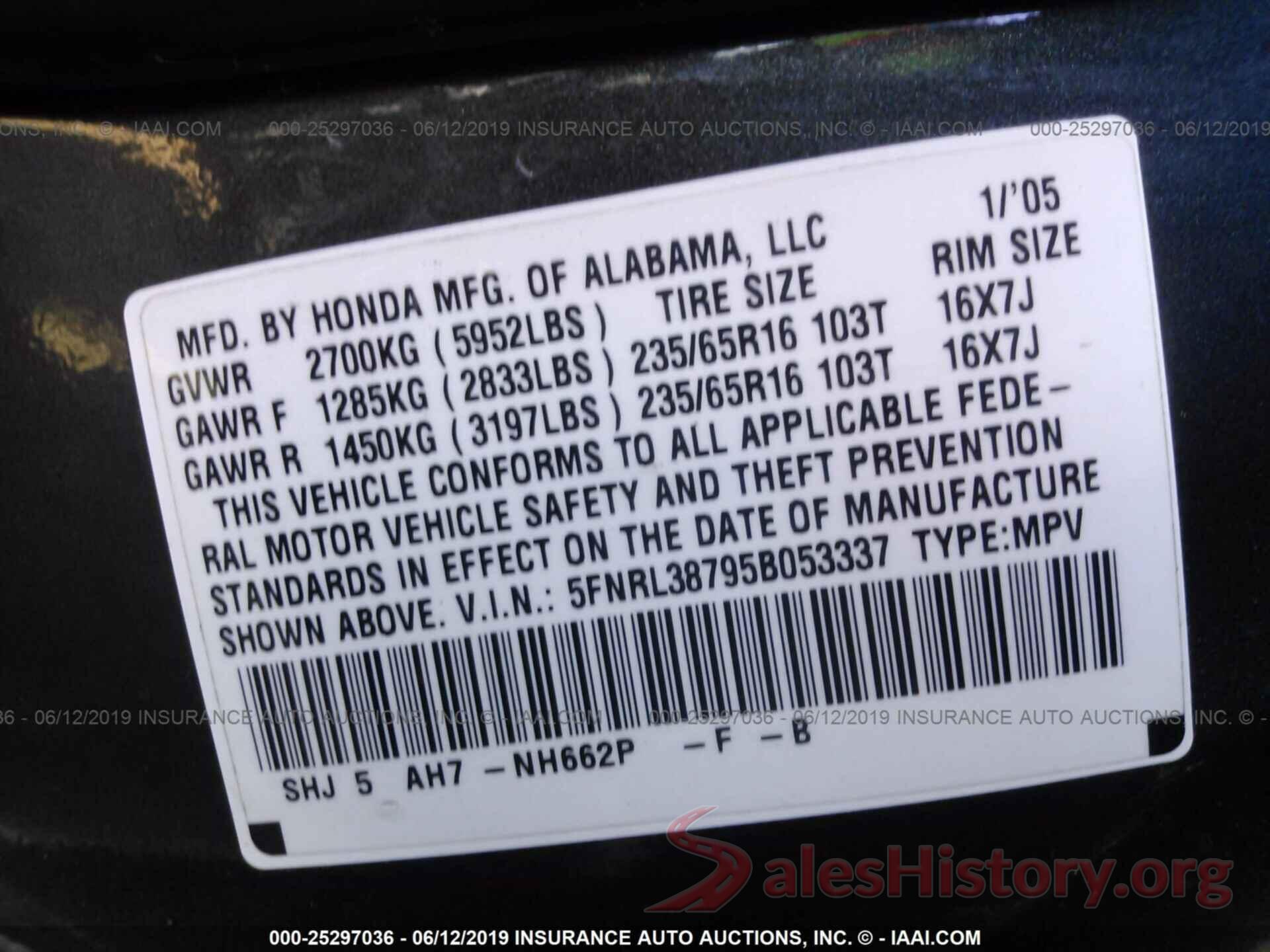 5FNRL38795B053337 2005 HONDA ODYSSEY