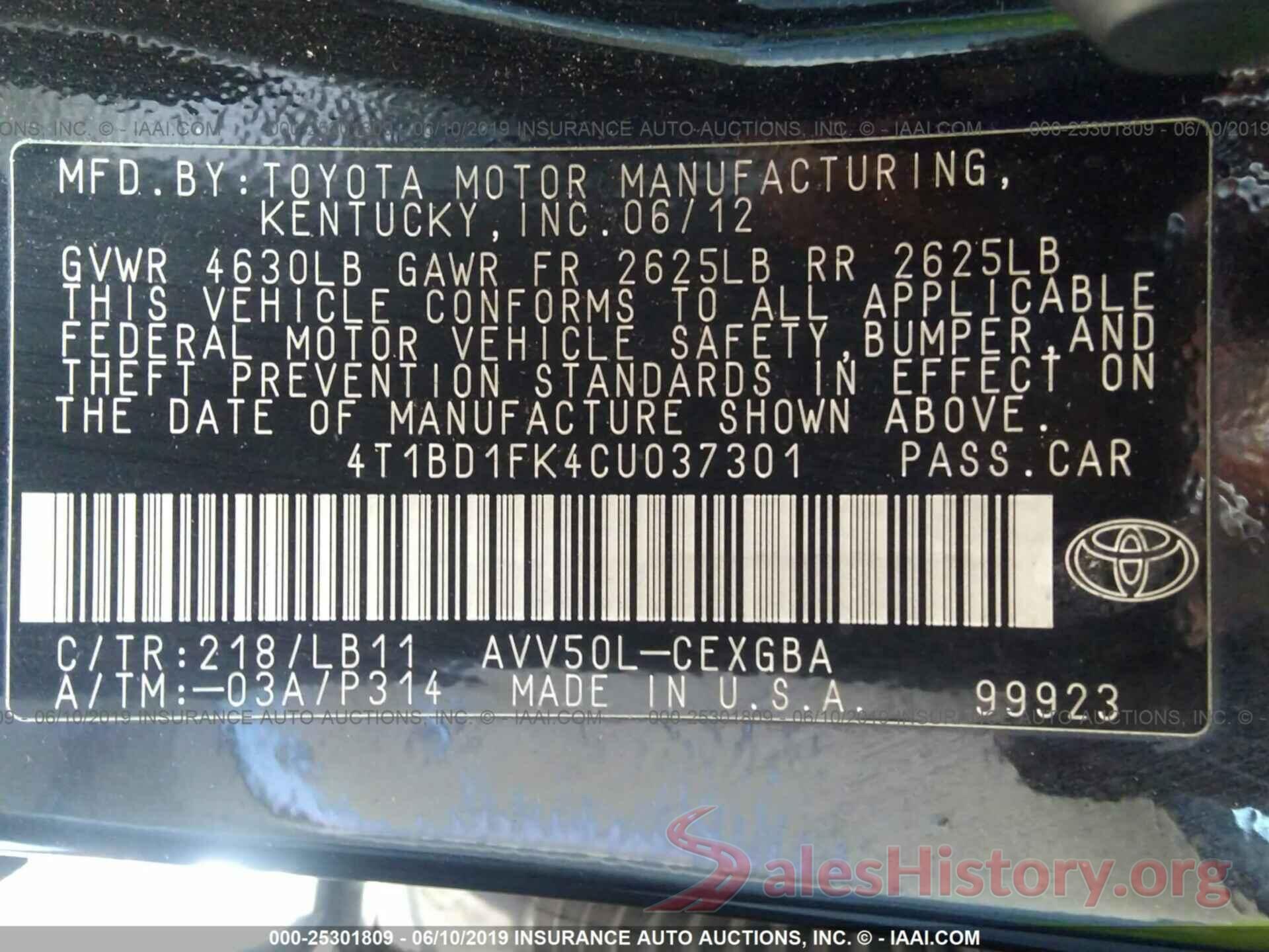 4T1BD1FK4CU037301 2012 TOYOTA CAMRY