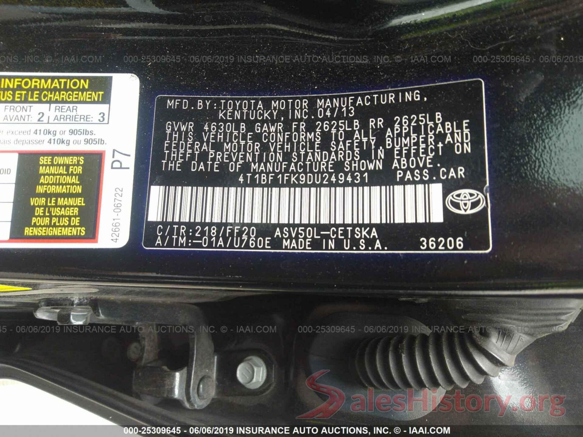 4T1BF1FK9DU249431 2013 TOYOTA CAMRY