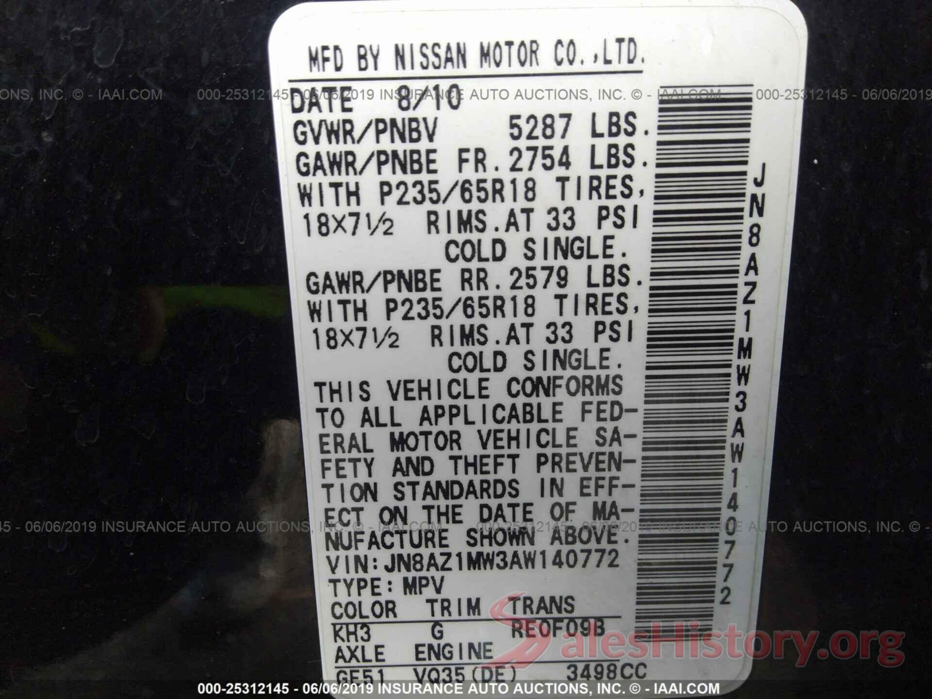 JN8AZ1MW3AW140772 2010 NISSAN MURANO