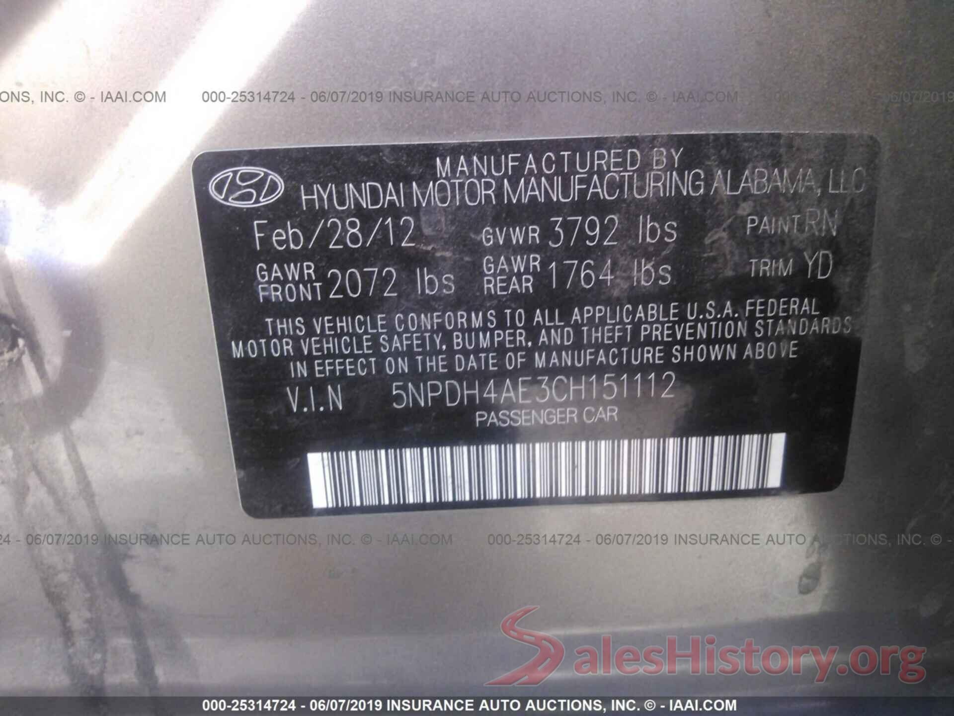 5NPDH4AE3CH151112 2012 HYUNDAI ELANTRA