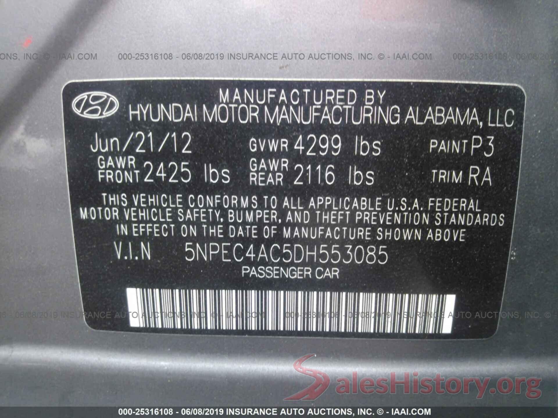 5NPEC4AC5DH553085 2013 HYUNDAI SONATA