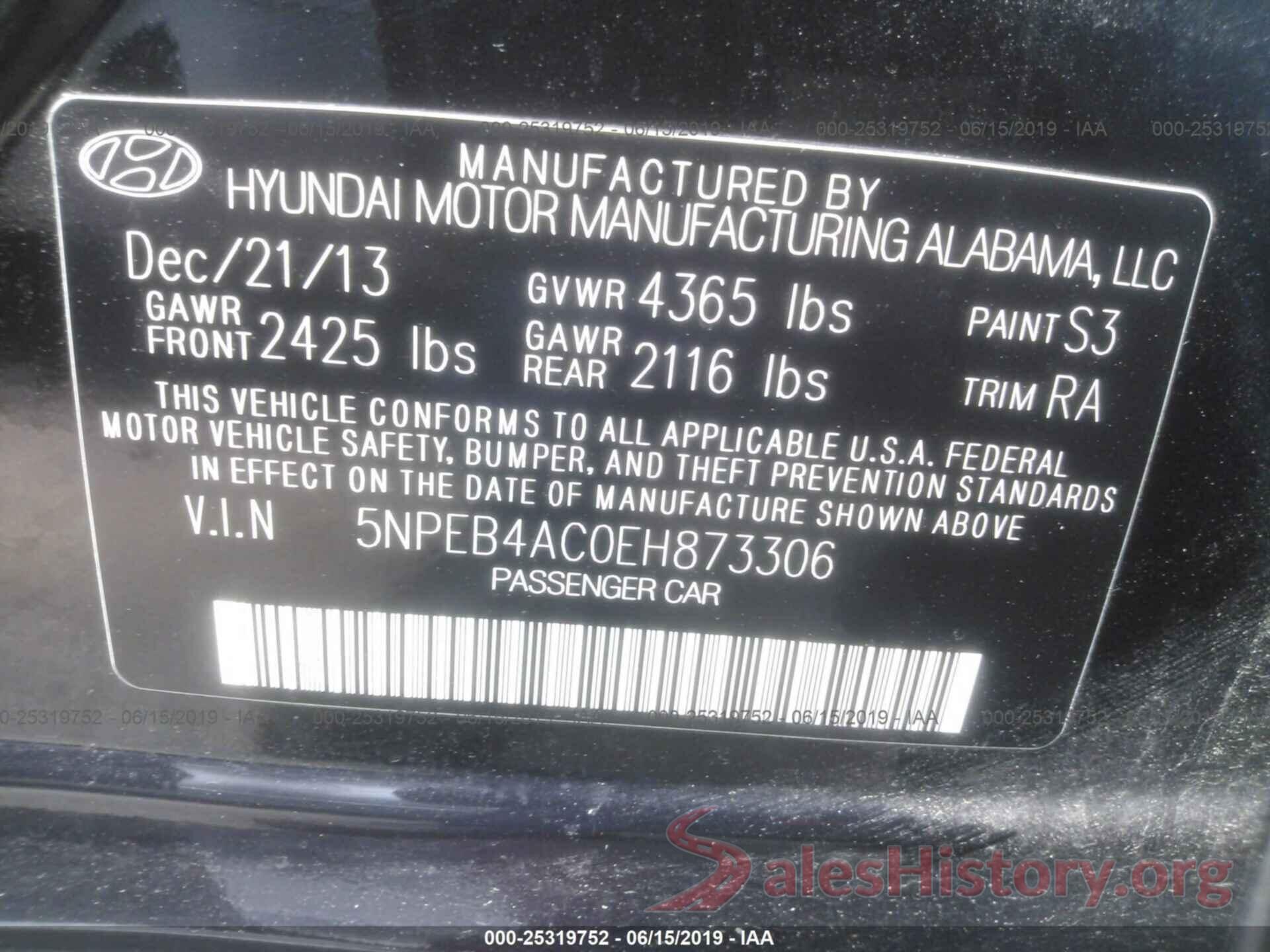 5NPEB4AC0EH873306 2014 HYUNDAI SONATA