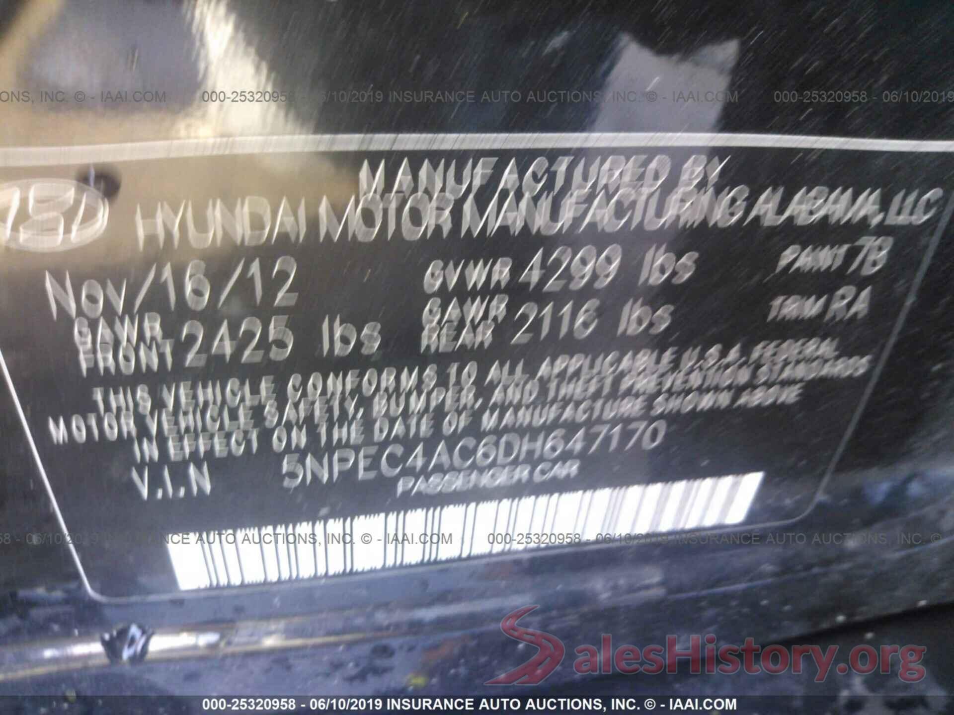 5NPEC4AC6DH647170 2013 HYUNDAI SONATA