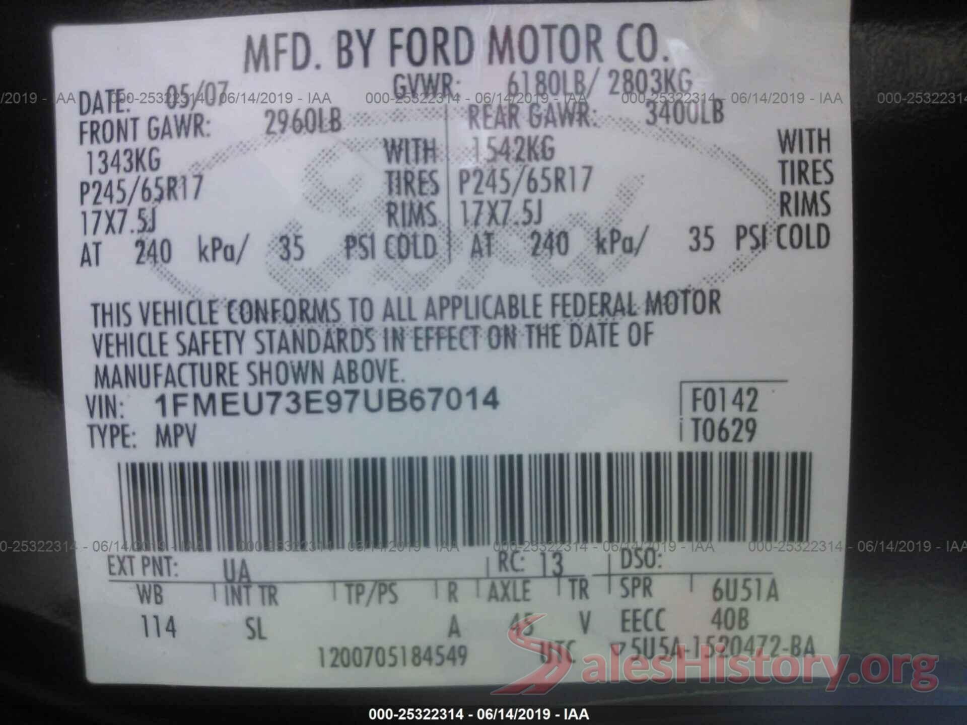 1FMEU73E97UB67014 2007 FORD EXPLORER