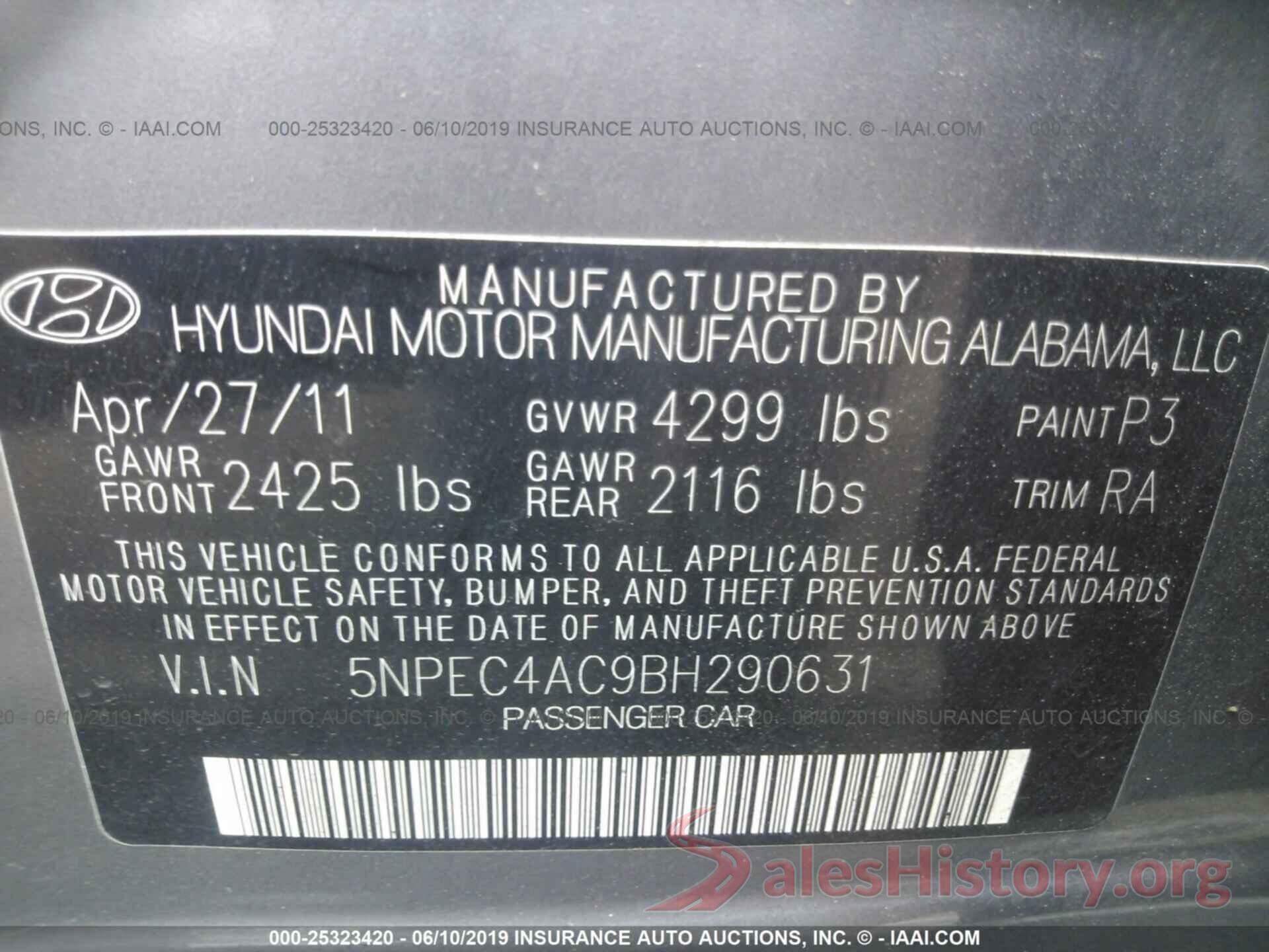 5NPEC4AC9BH290631 2011 HYUNDAI SONATA