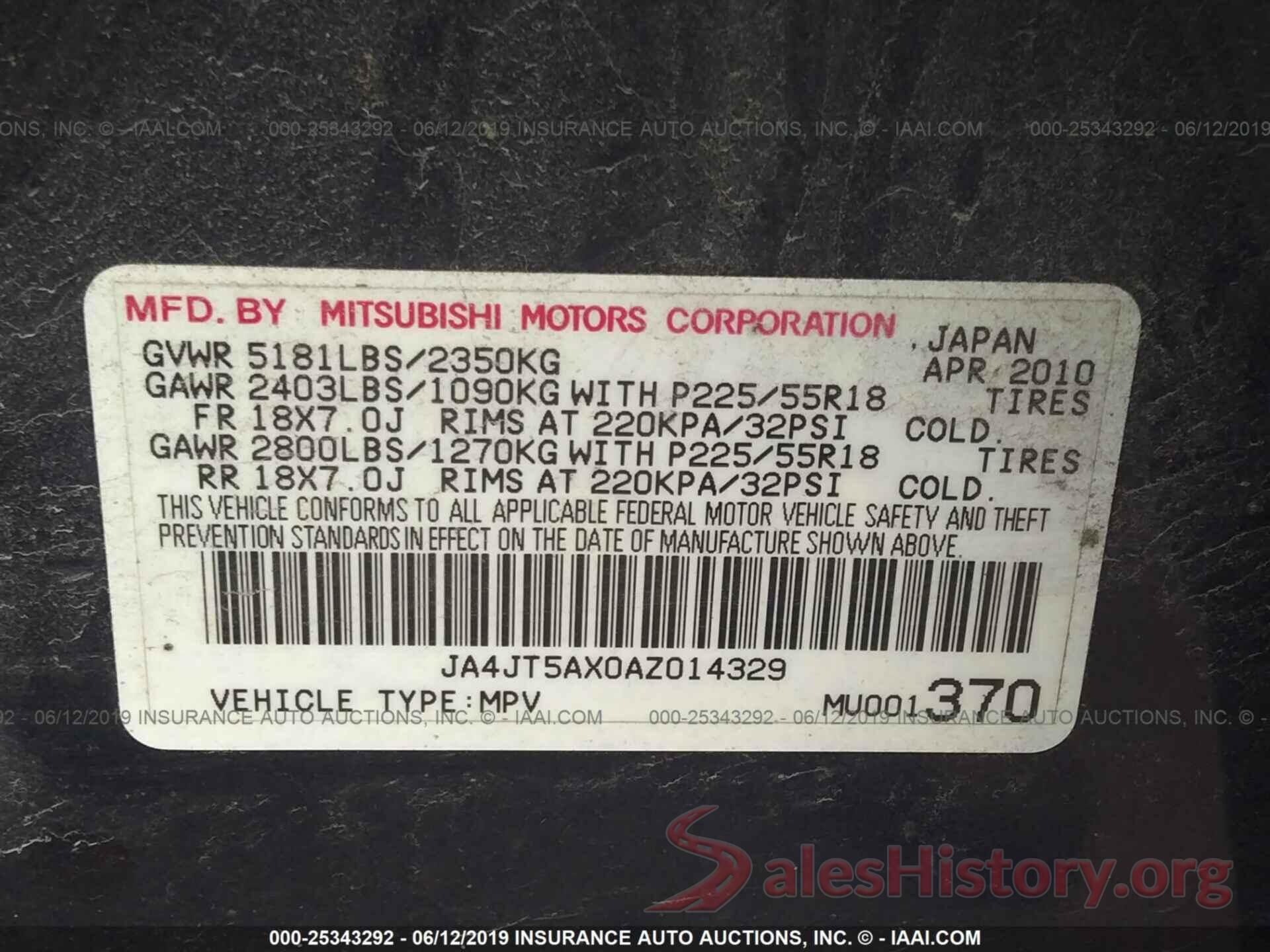 JA4JT5AX0AZ014329 2010 MITSUBISHI OUTLANDER