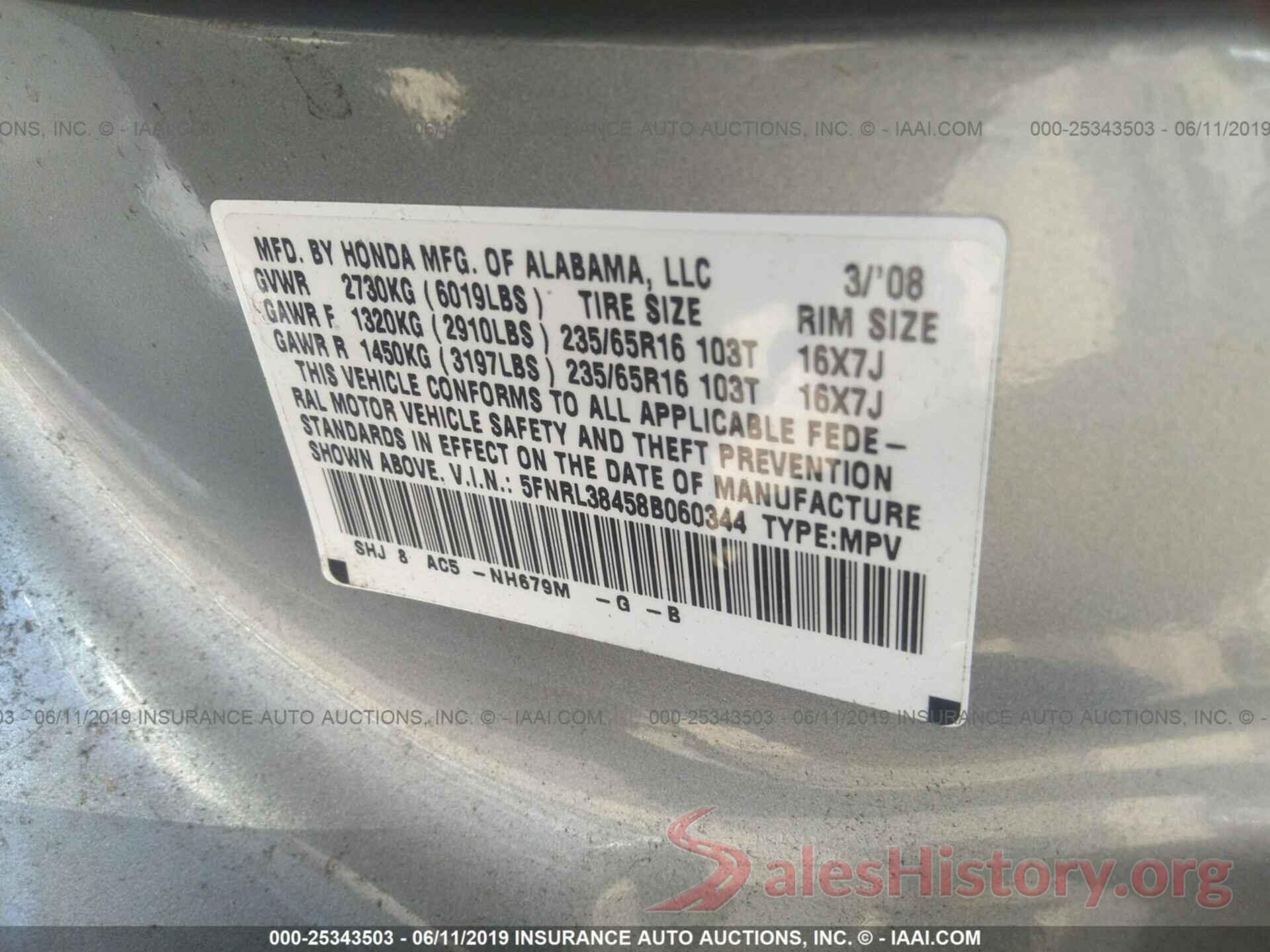 5FNRL38458B060344 2008 HONDA ODYSSEY